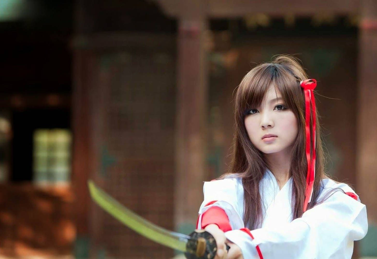 Japan Girl Samurai White Robe Background