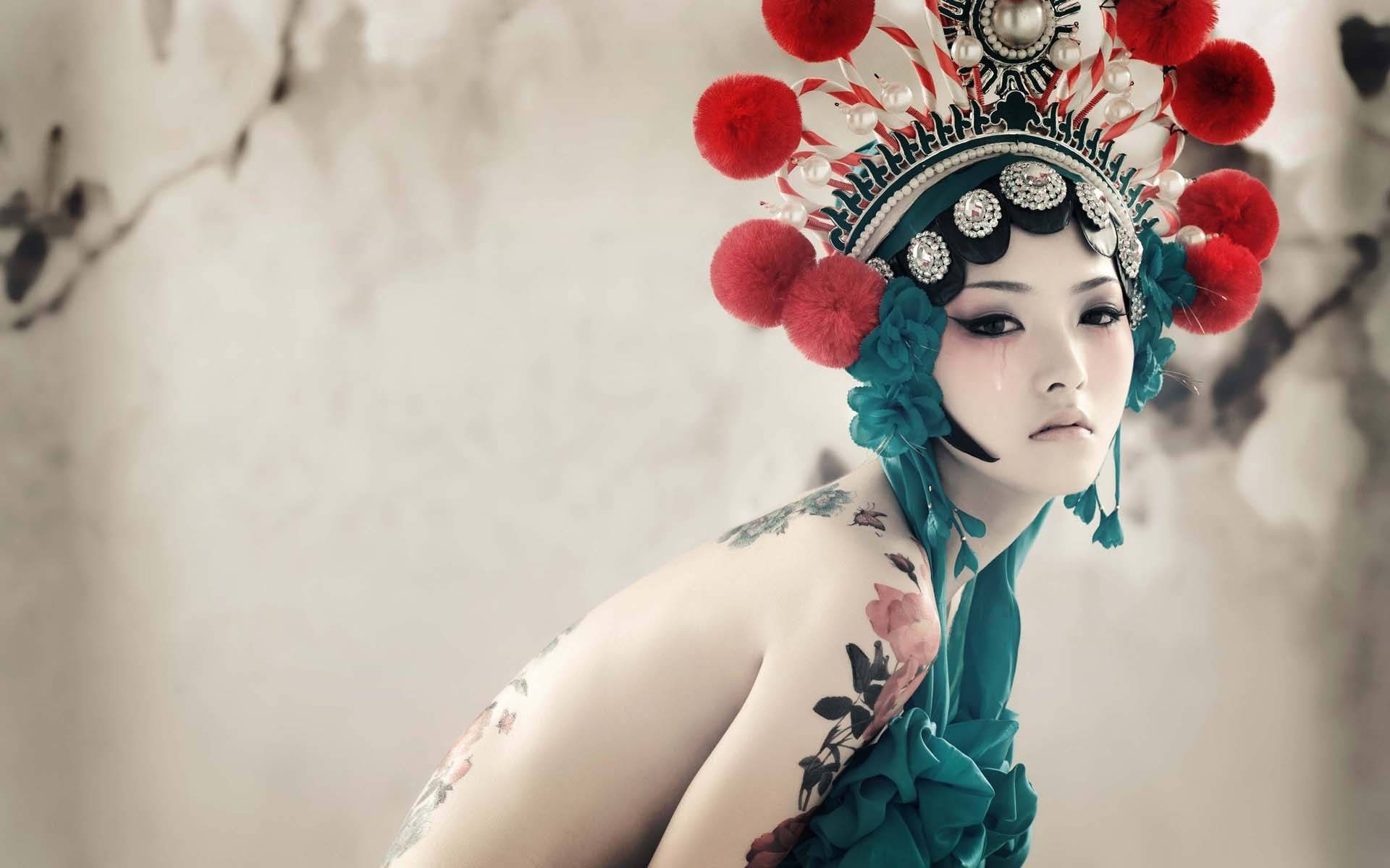 Japan Girl Tribal Headdress Floral Tattoo