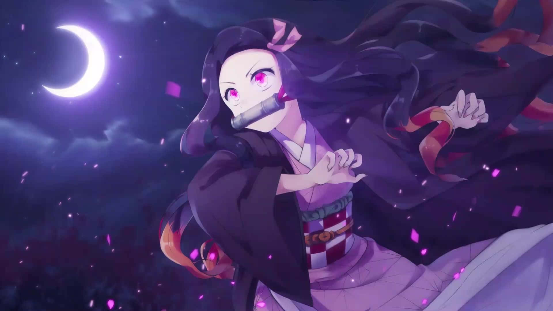 Japanese Anime Character Cute Nezuko Kamado Midnight Sky Background