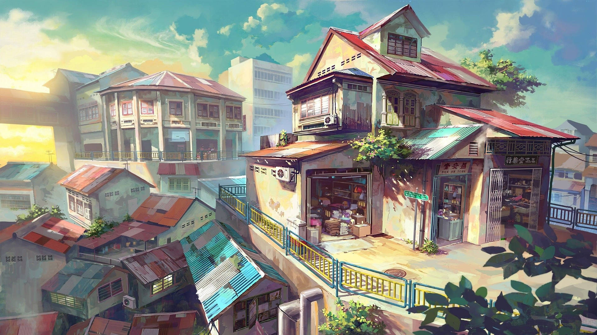 Japanese Anime City Market Background