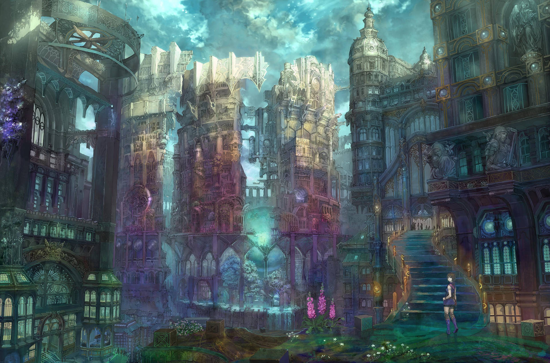 Japanese Anime City With Gothic Architecture Background