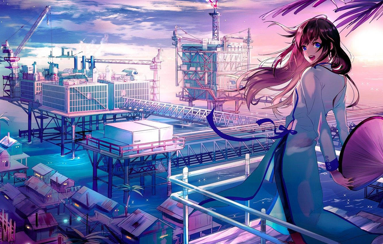 Japanese Anime City With Young Girl Background