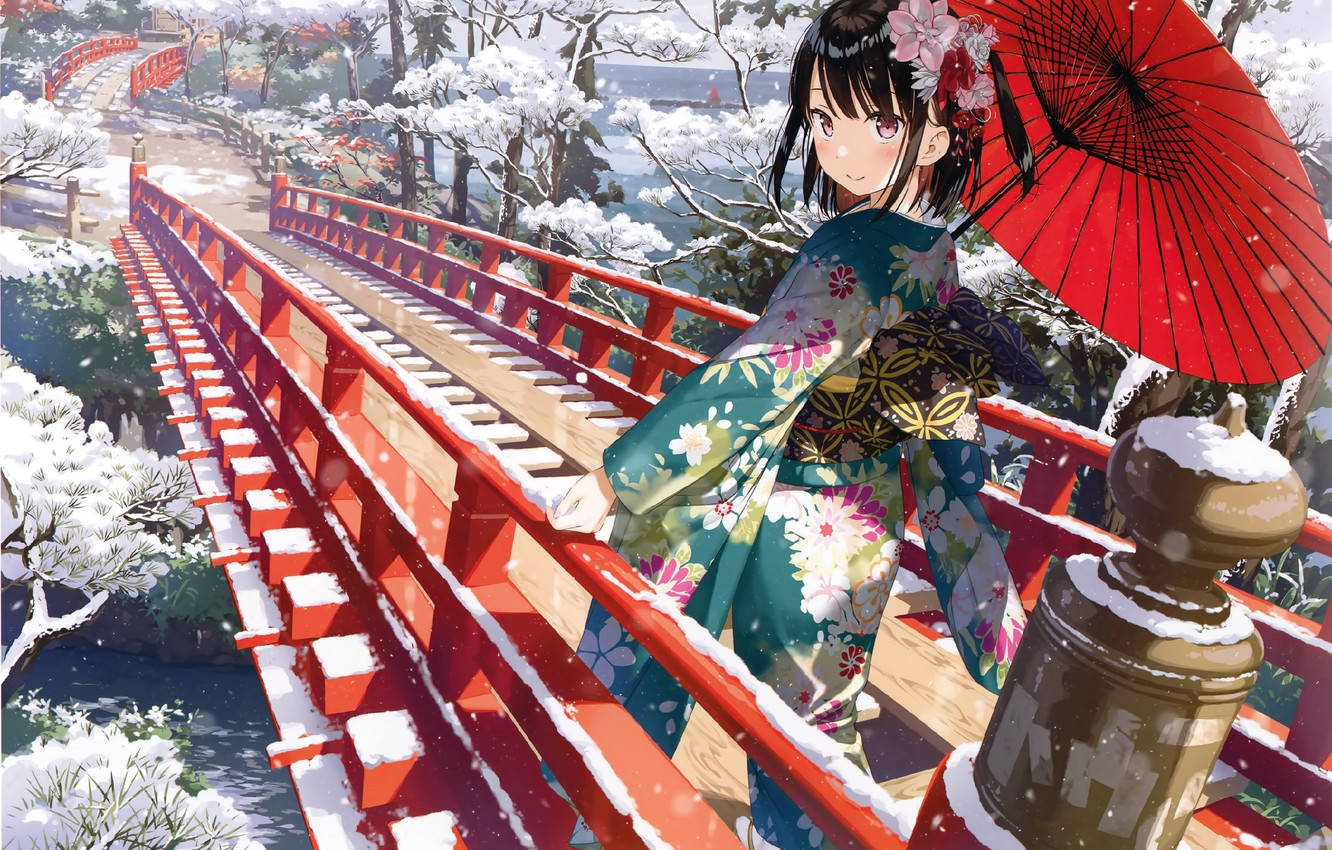 Japanese Anime Girl In Kimono With Red Umbrella Background