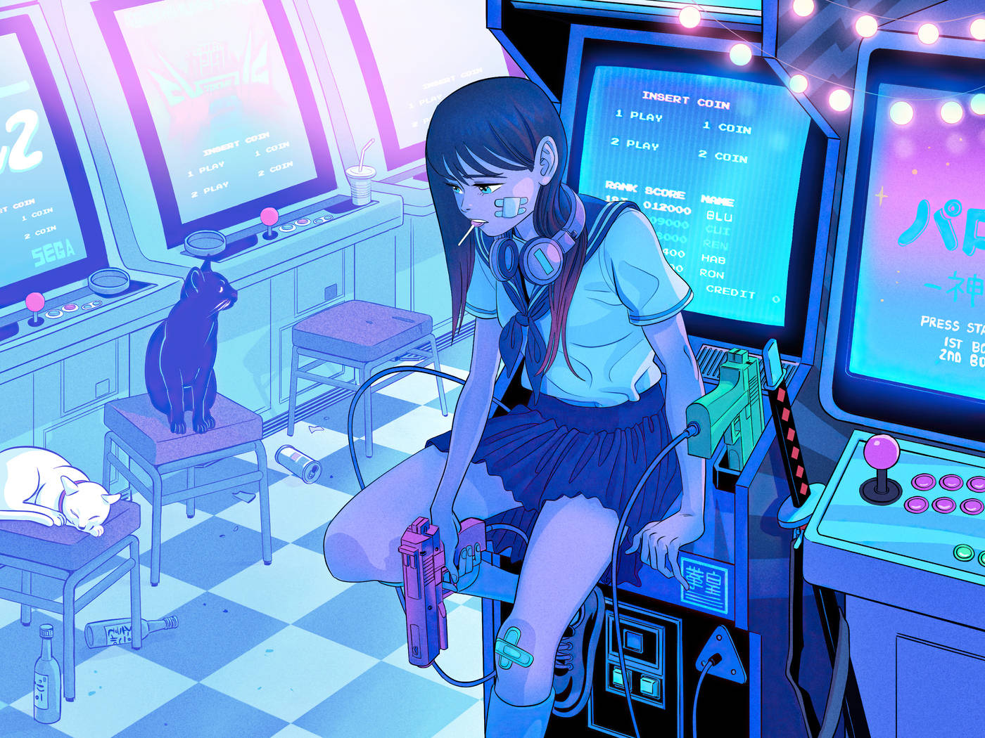 Japanese Anime Student In Arcade Background