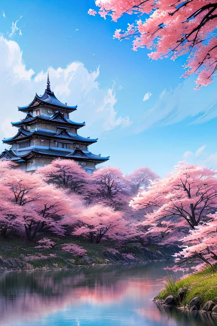Japanese Cherry Blossom Castle Wallpaper Background
