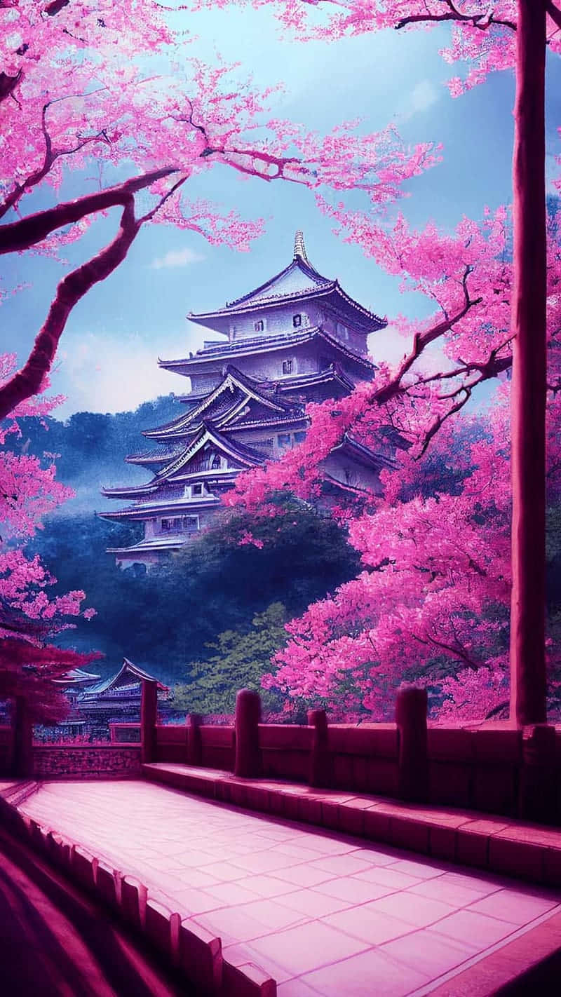 Japanese Cherry Blossom Castle Wallpaper Background