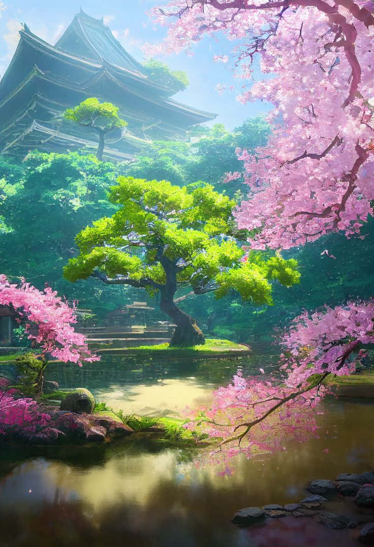 Japanese Cherry Blossom Pagoda Scenery Background