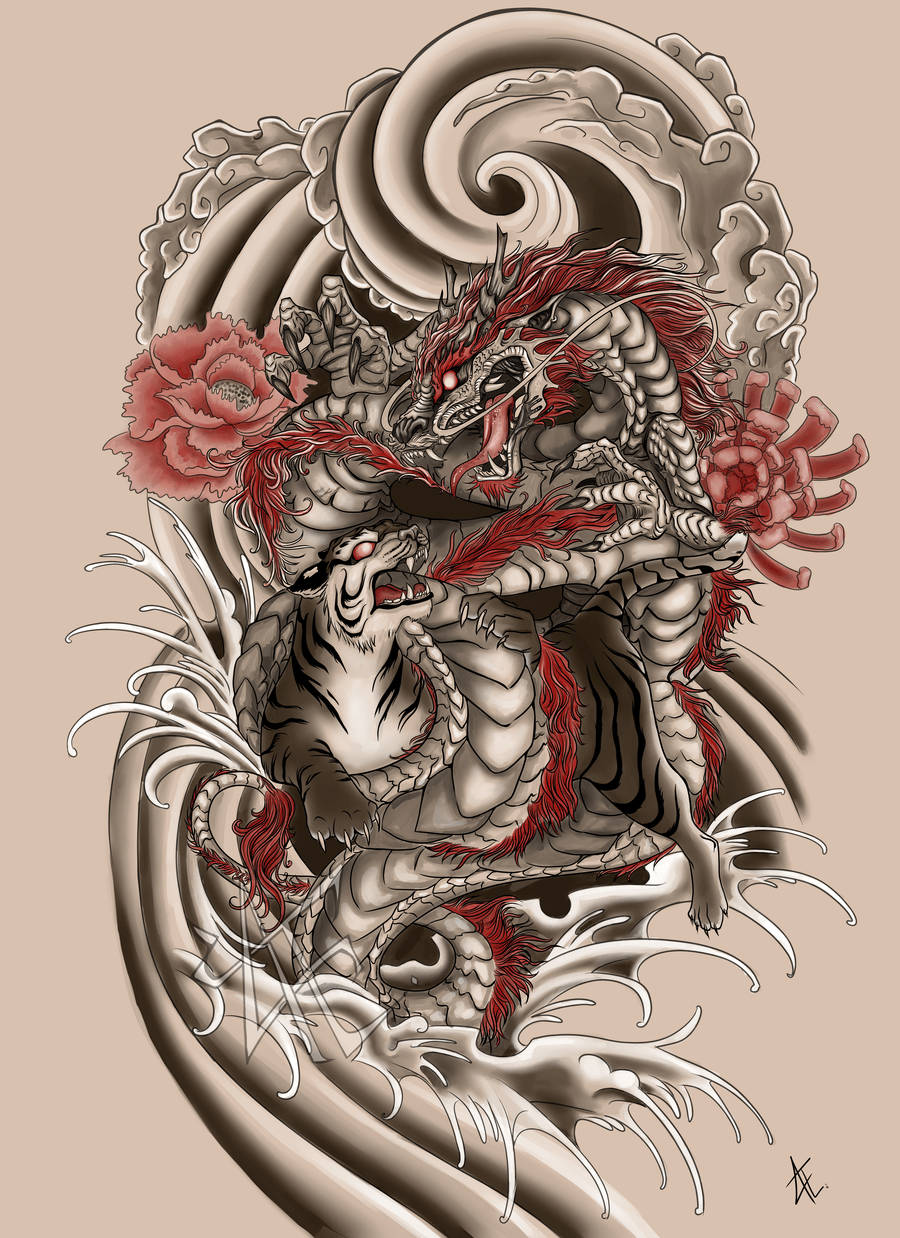 Japanese Dragon Art And Ferocious Tiger Background