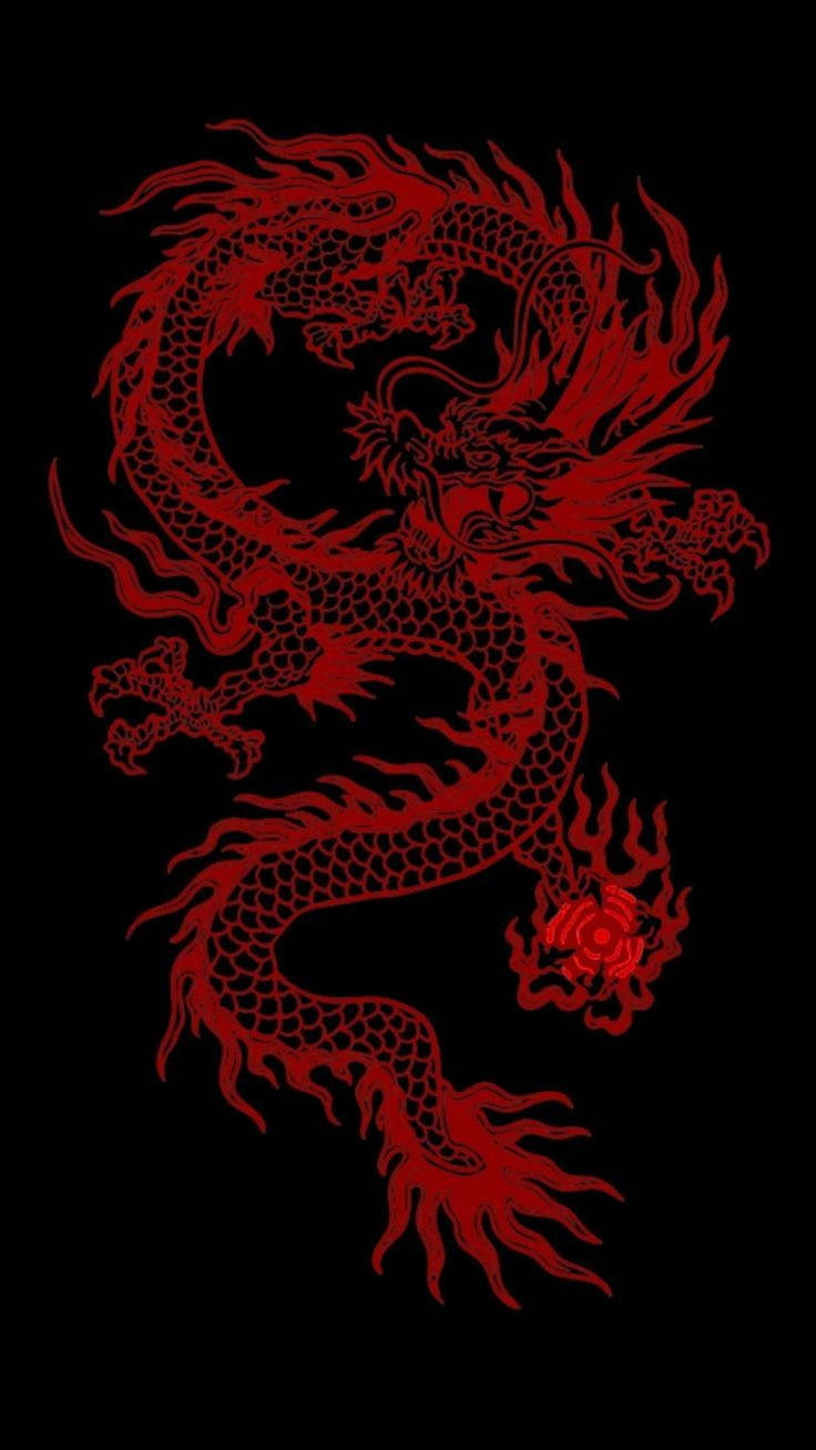 Japanese Dragon Art Neon Red Outline Background