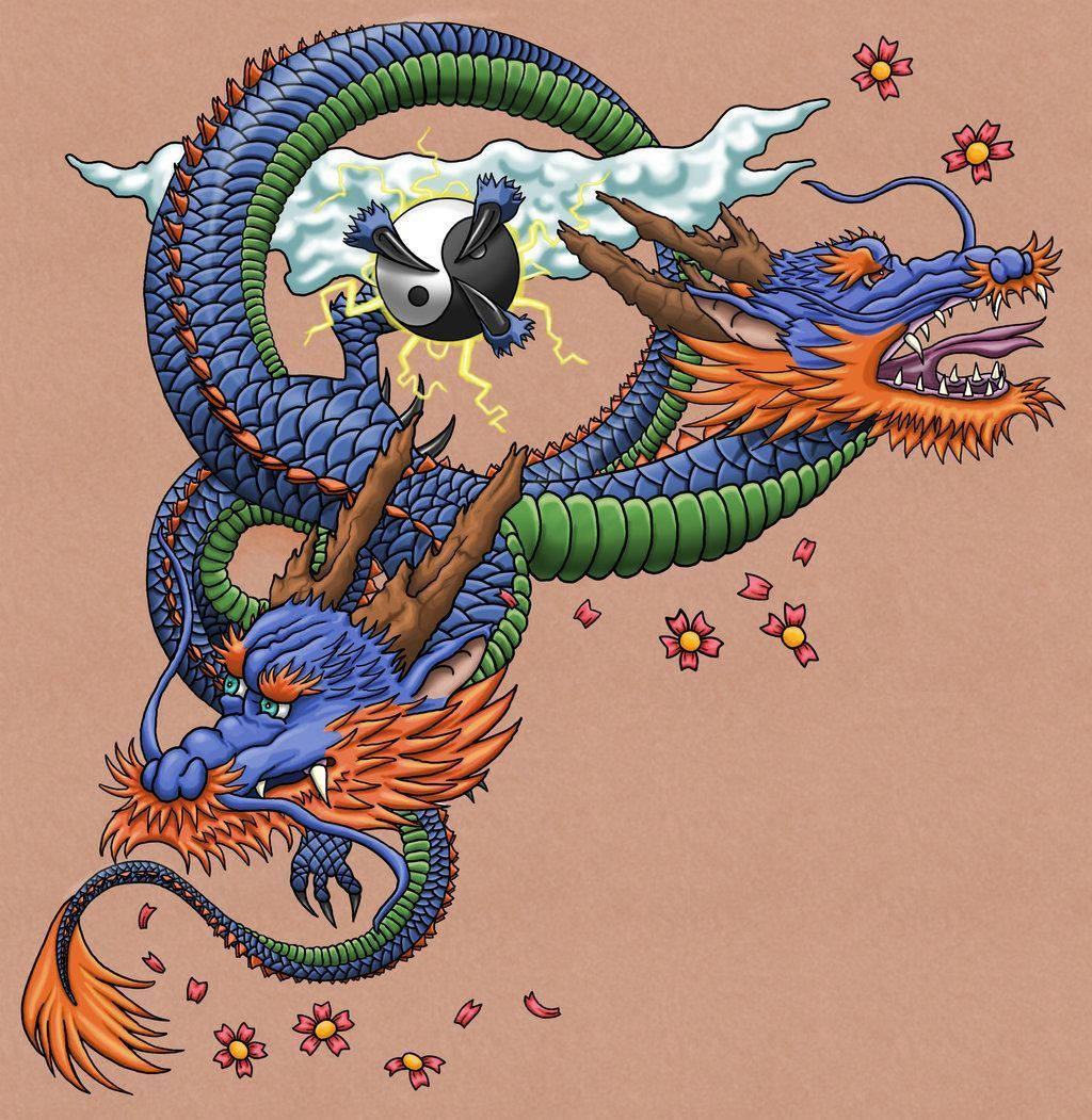 Japanese Dragon Art With Two Heads