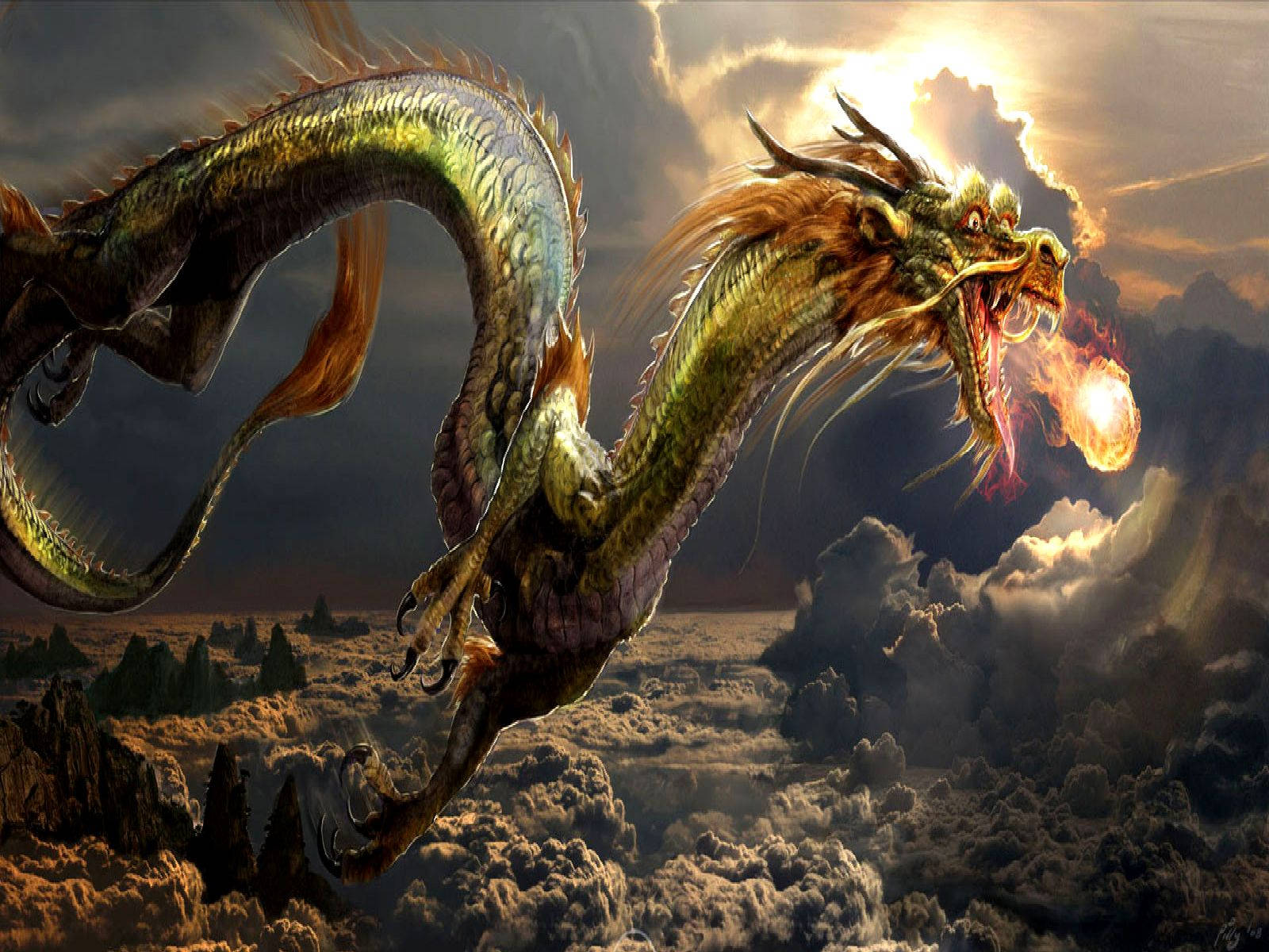 Japanese Dragon Breathing Fireball Background