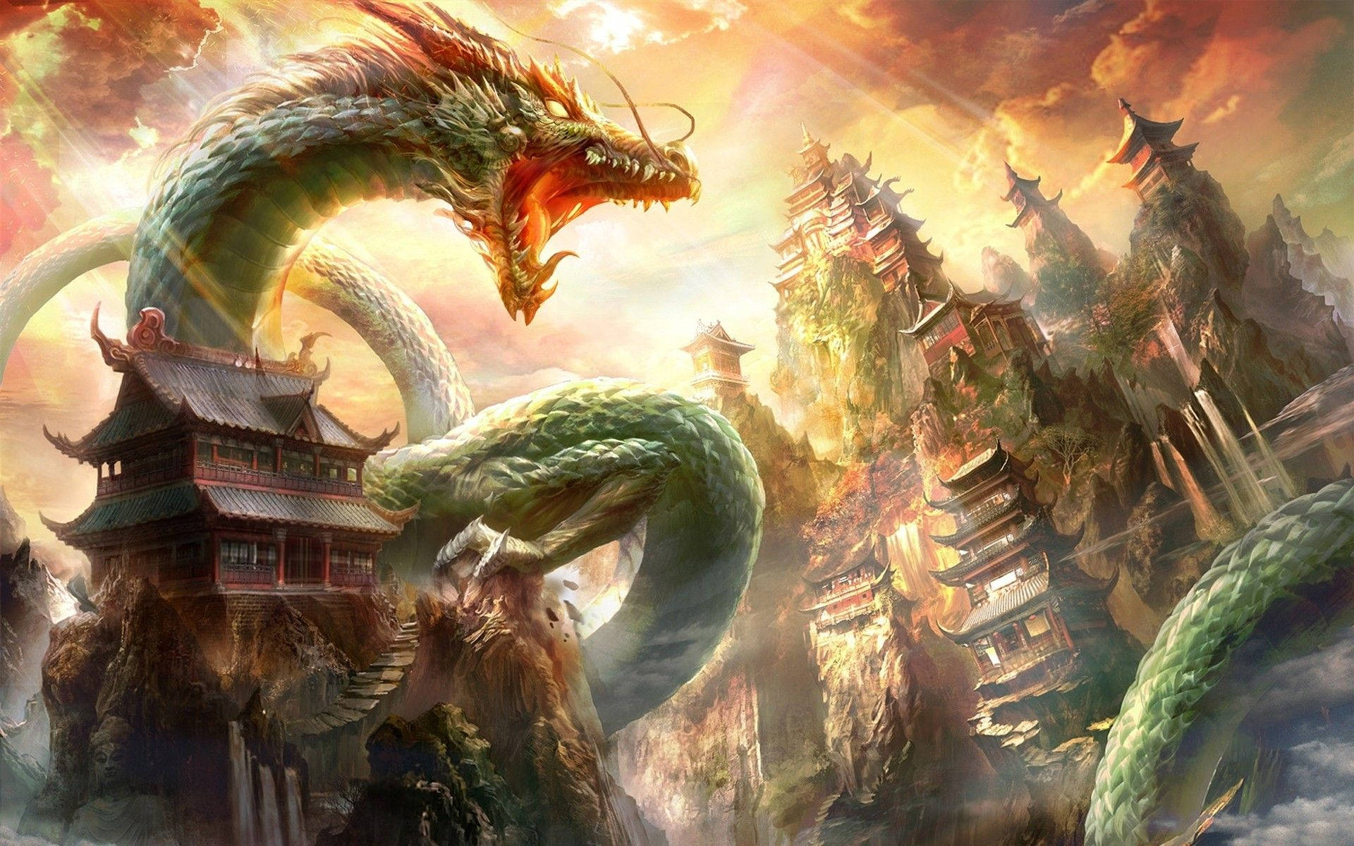 Japanese Dragon In A Temple Background