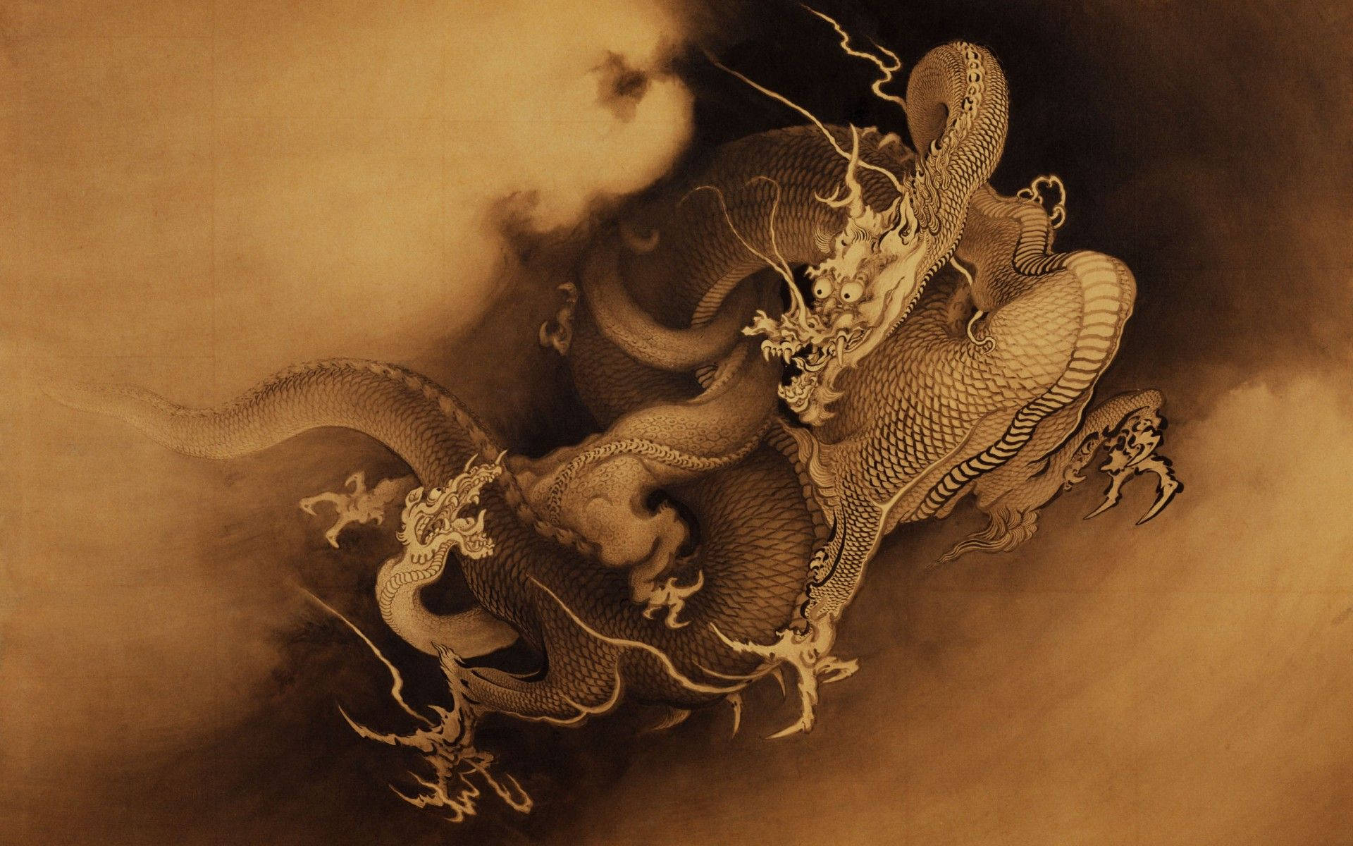 Japanese Dragon In Brown Scroll Background