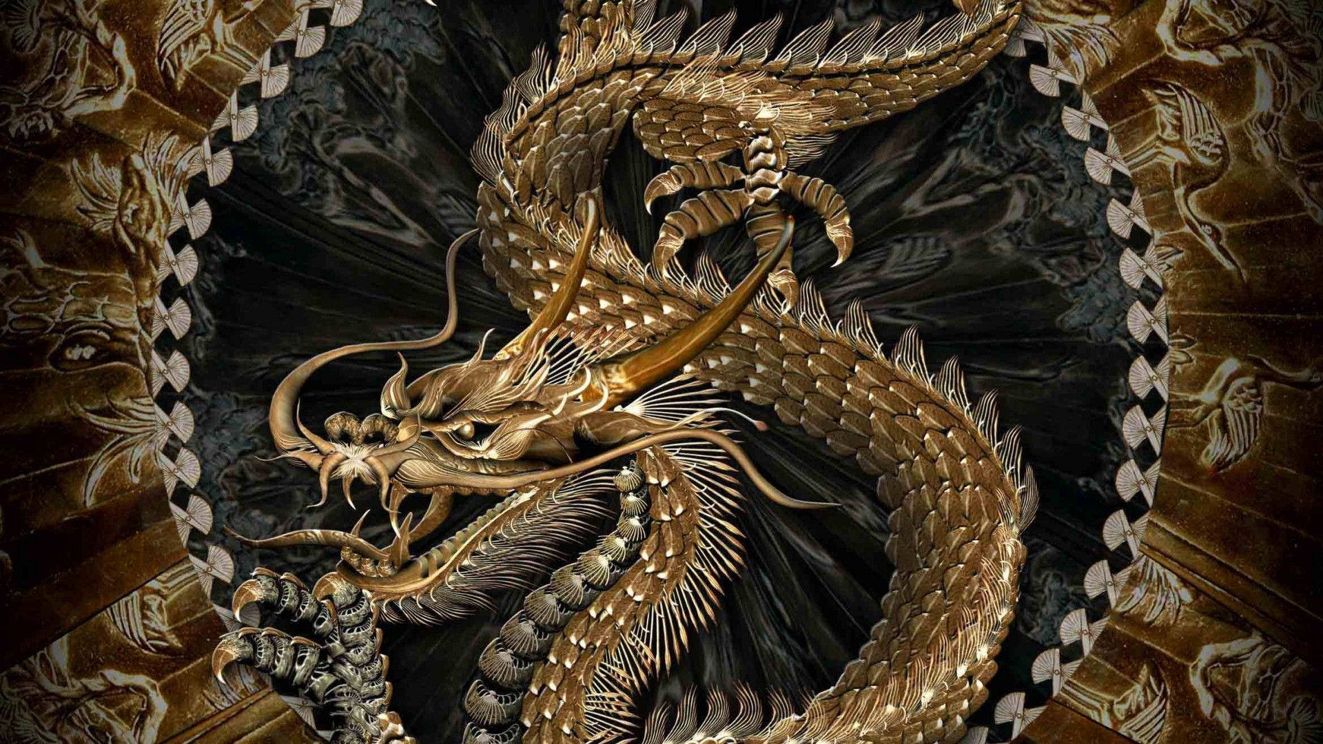 Japanese Dragon In Gold Color Background