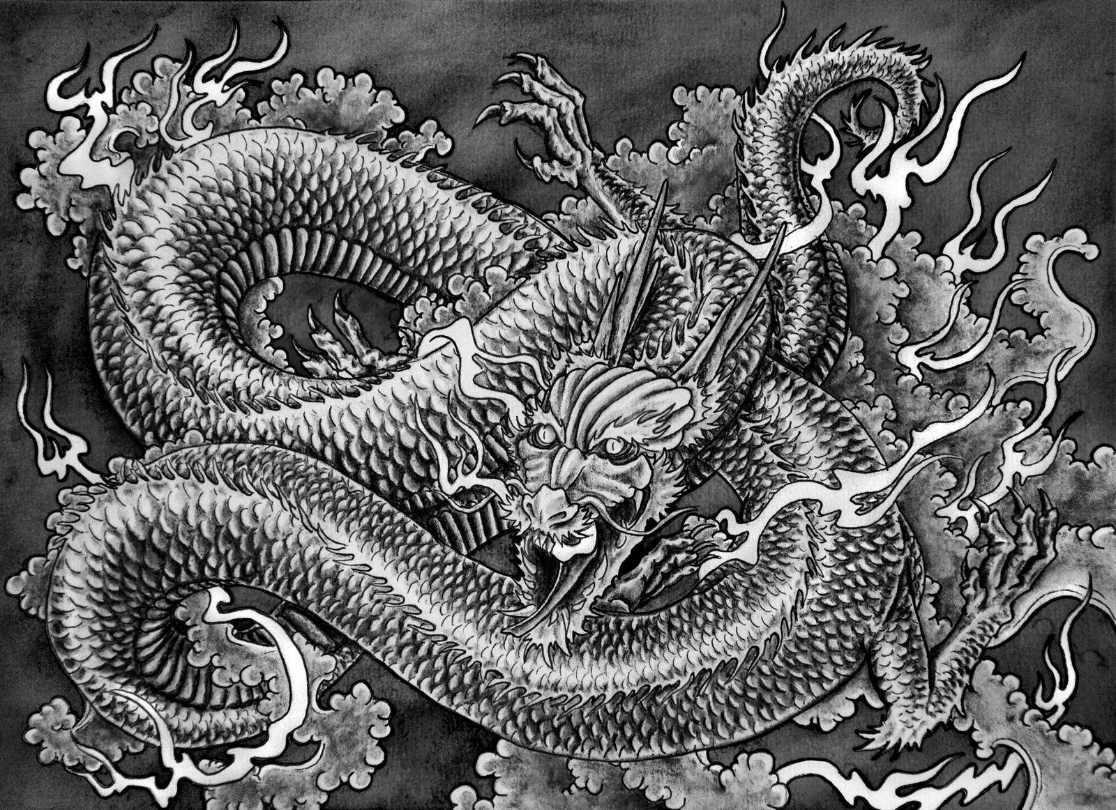 Japanese Dragon Pc Black And White Sketch