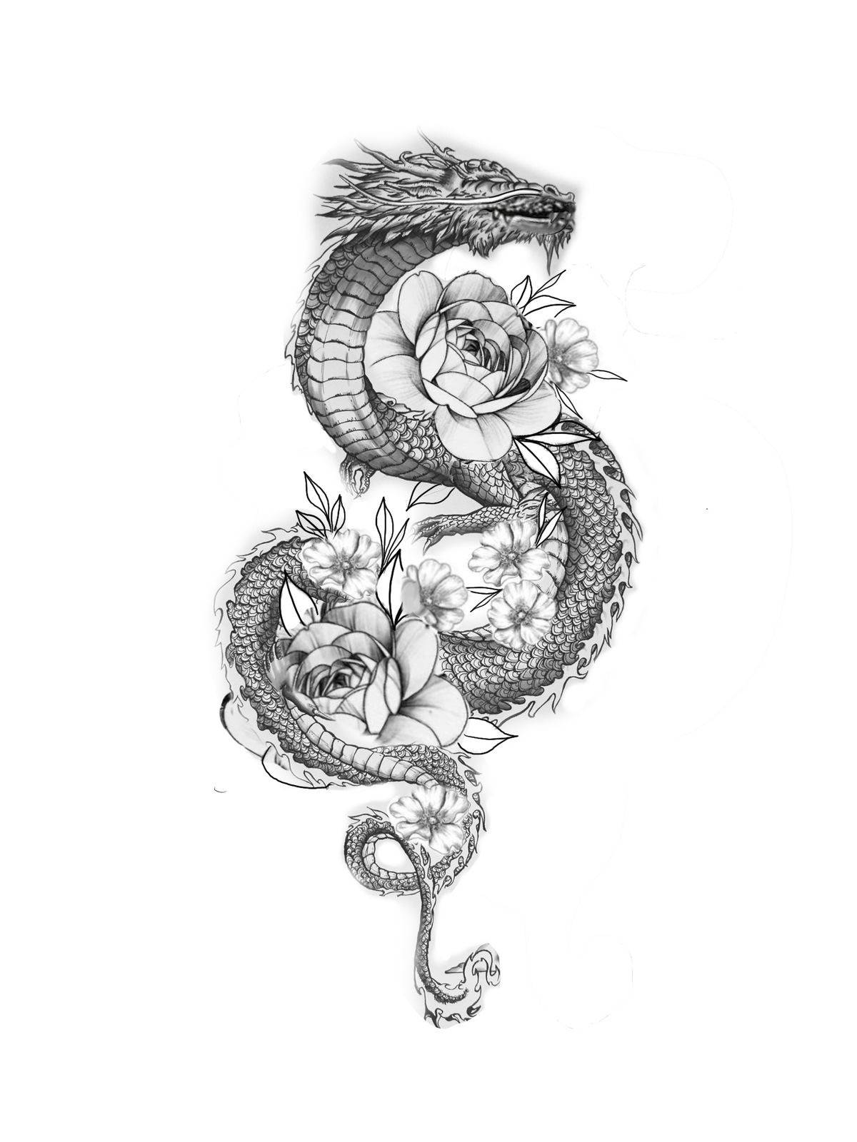 Japanese Dragon Tattoo With Flowers Background