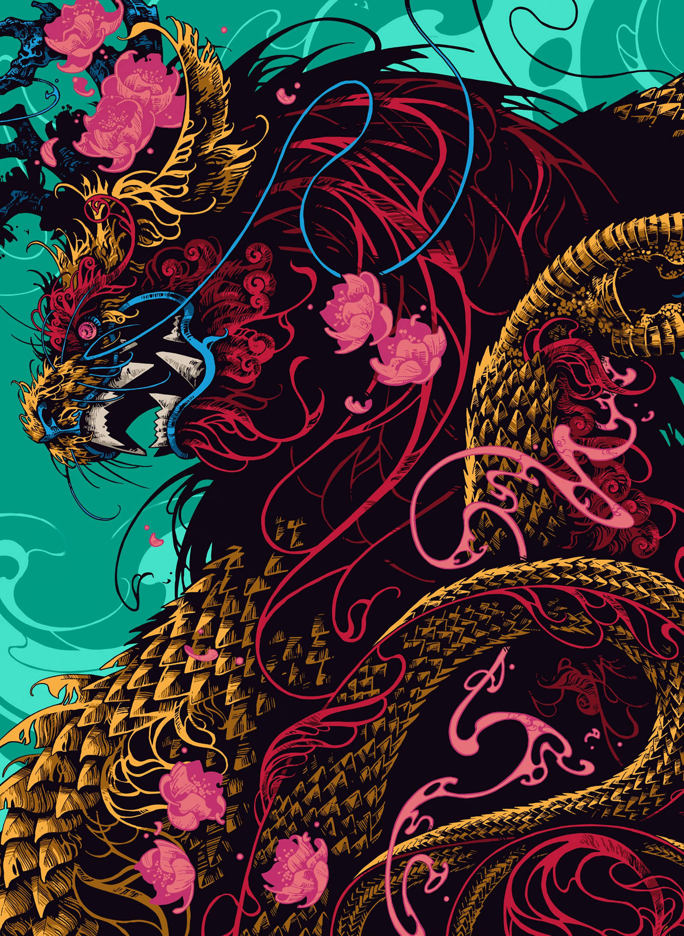 Japanese Dragon With Pink Roses Background