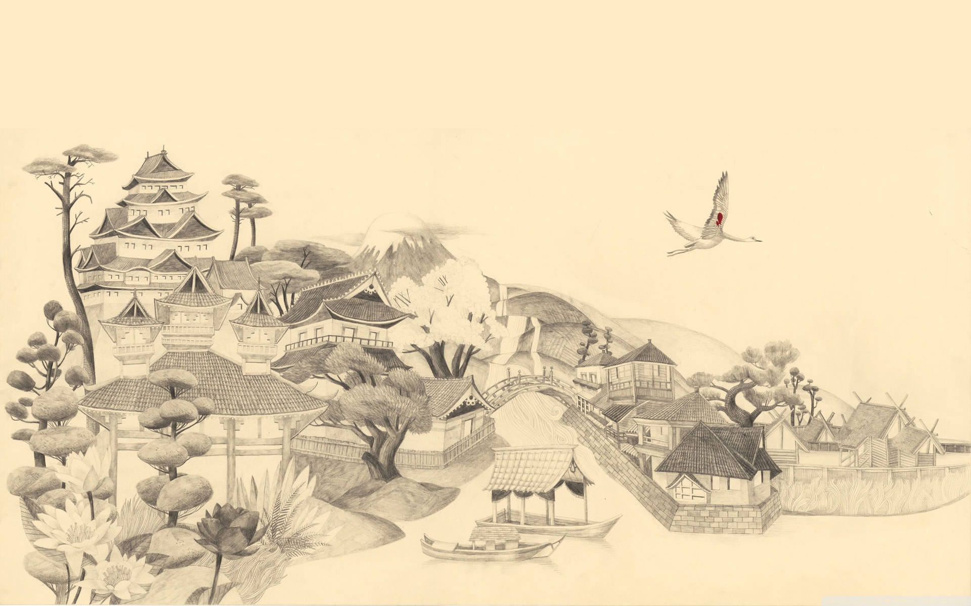 Japanese Drawing Of Traditional Town Background