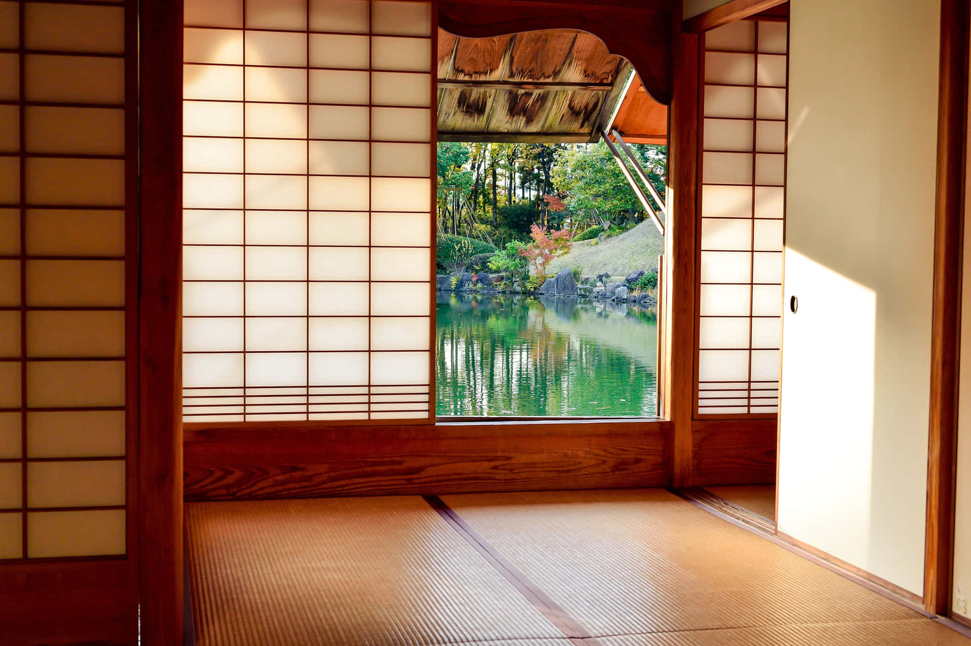 Japanese Empty Room With Pond Background