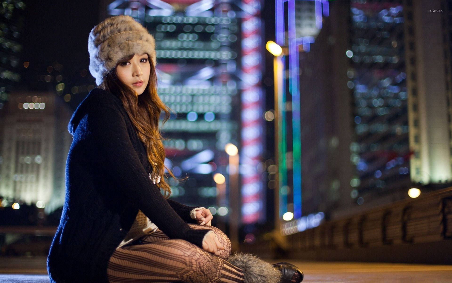 Japanese Girl In City At Night