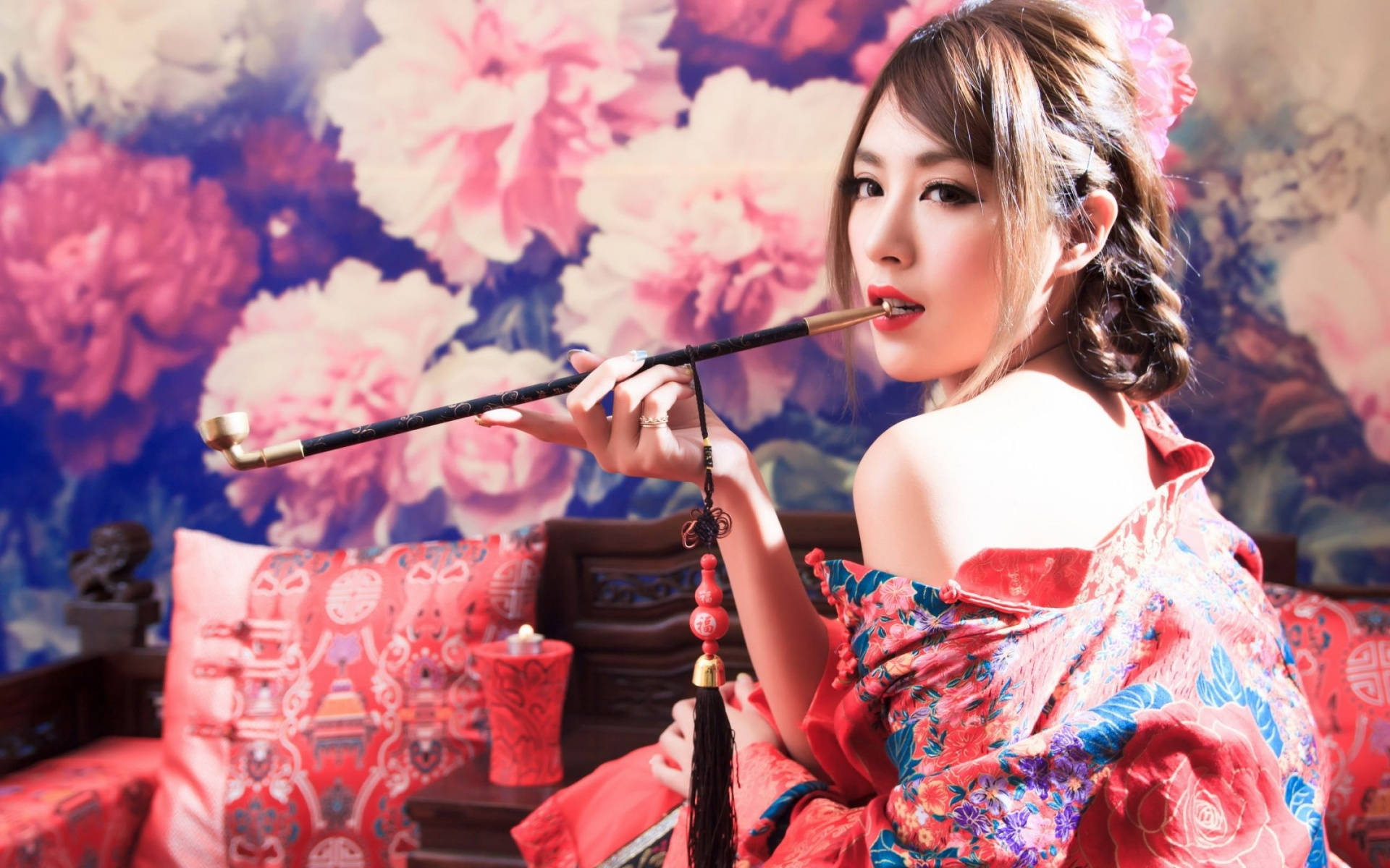 Japanese Girl Smoking In Stick Background