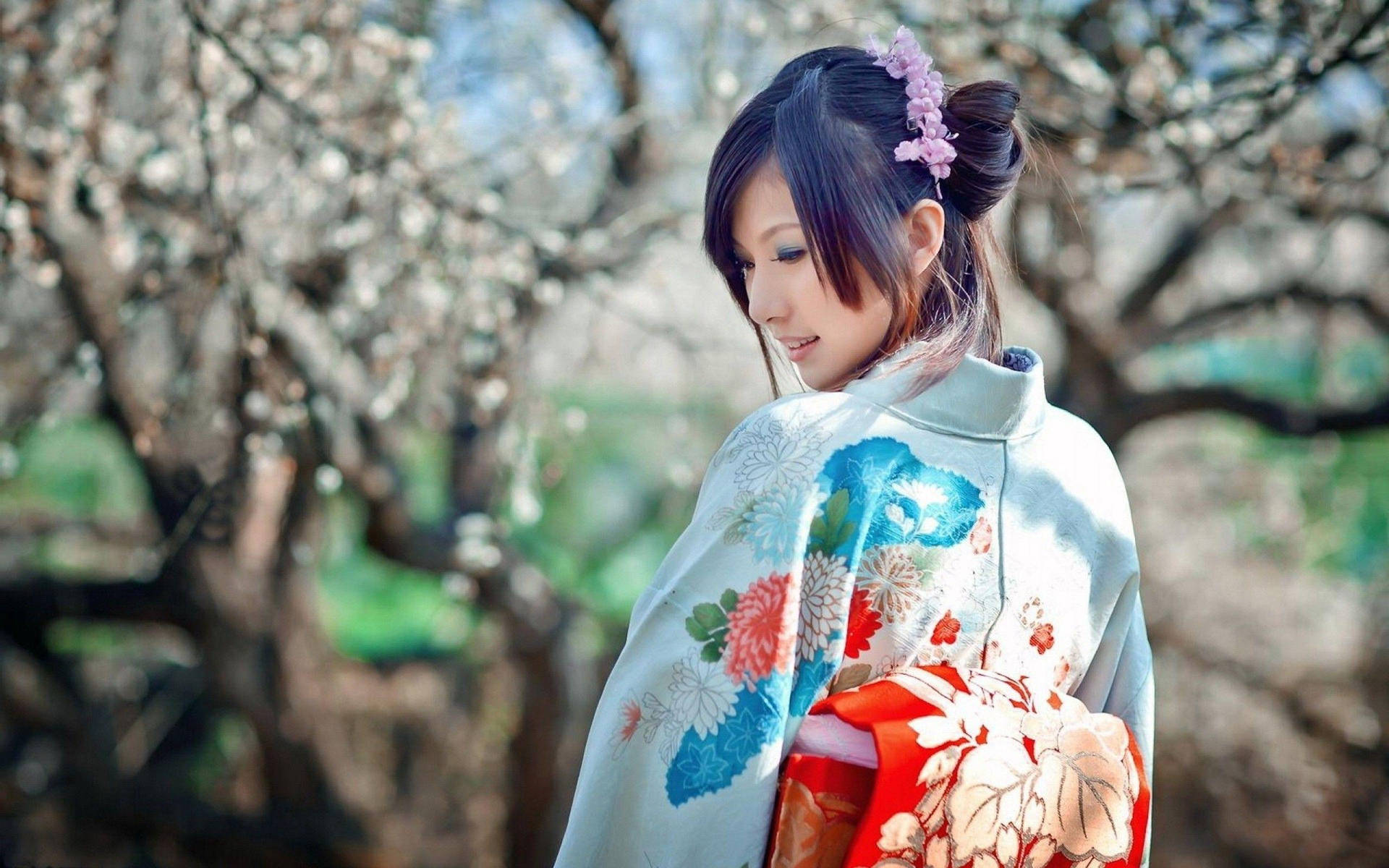 Japanese Girl Wearing Elegant Kimono