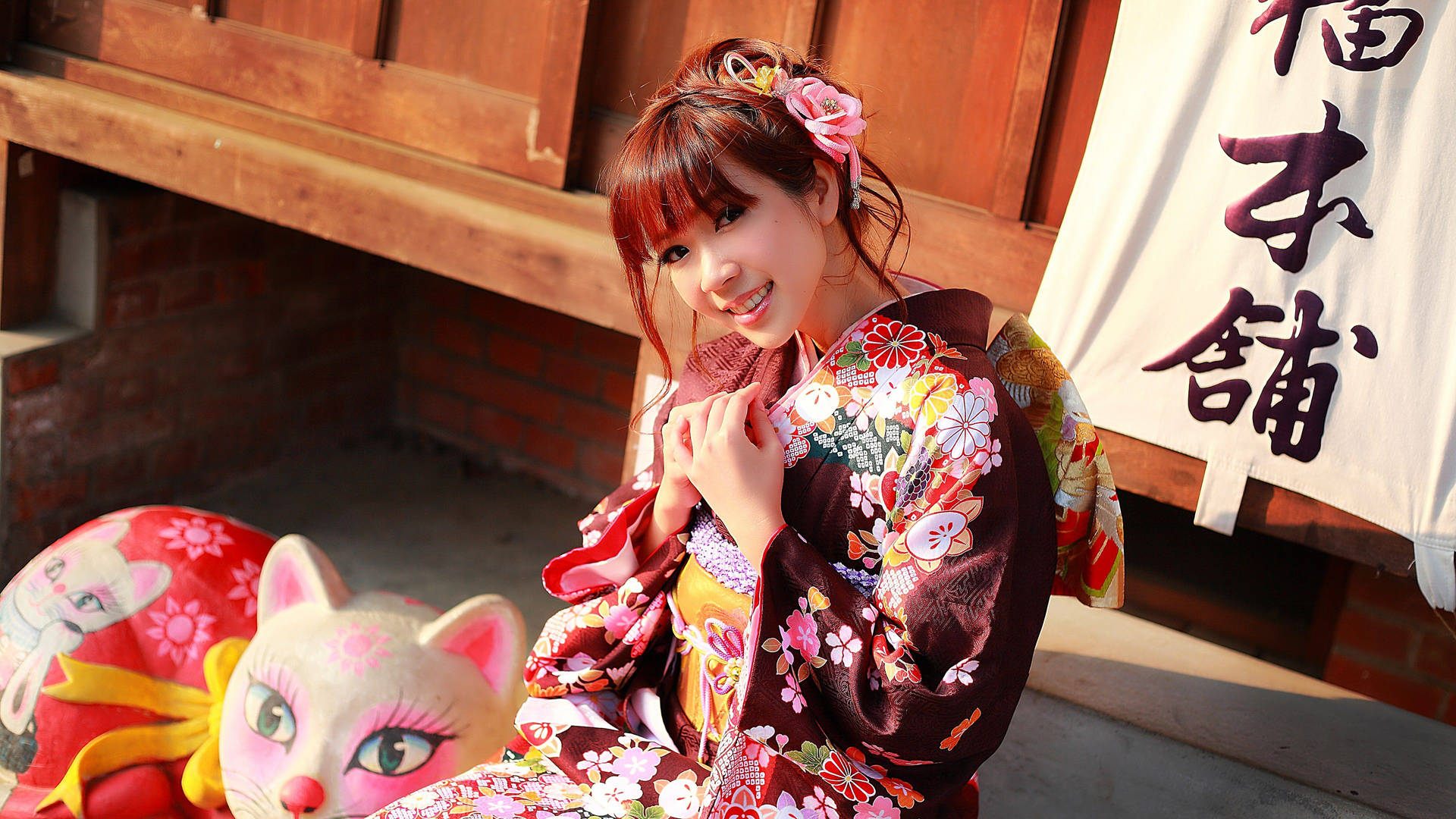 Japanese Girl Wearing Floral Kimono