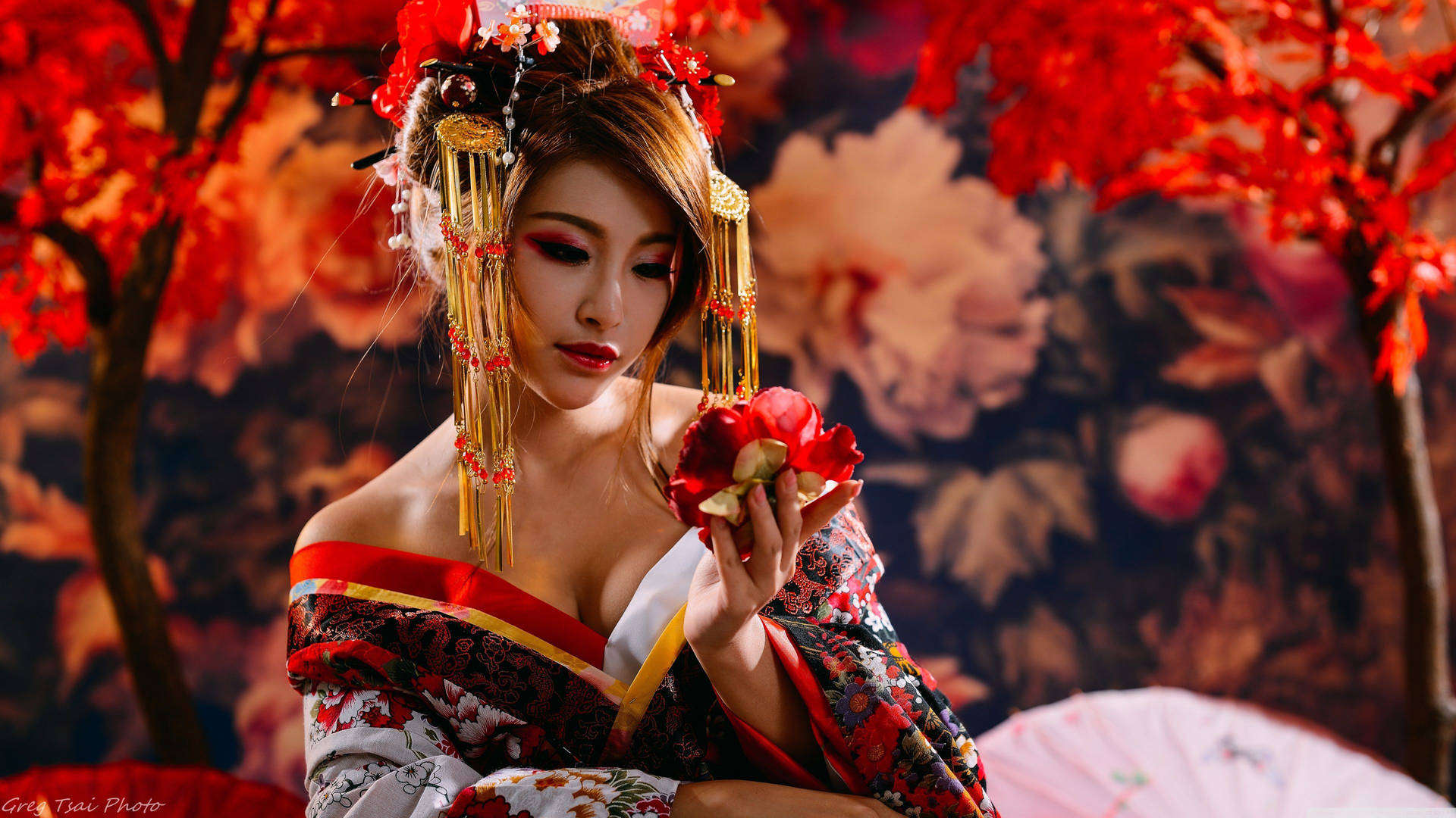 Japanese Girl With Red Flower