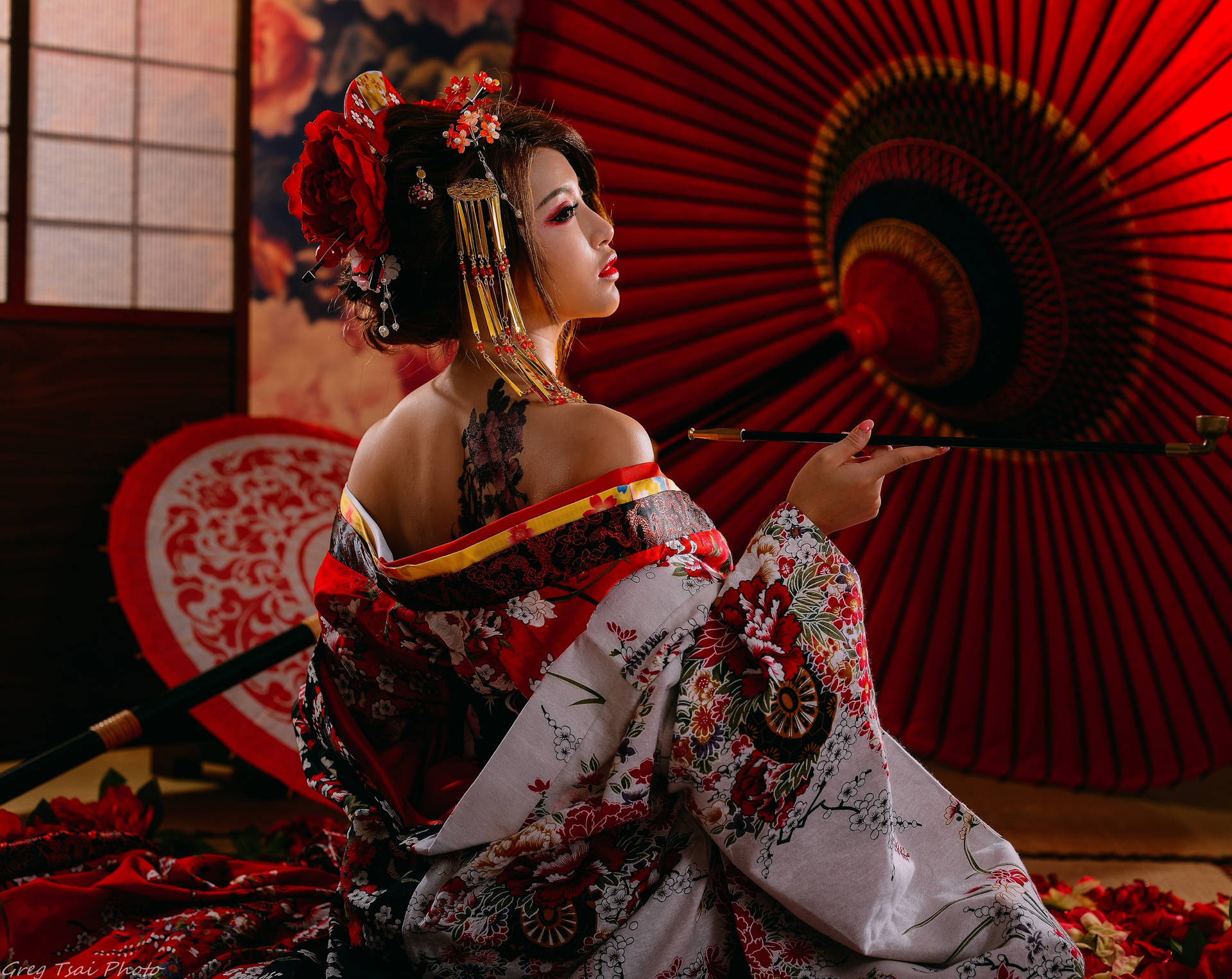 Japanese Girl With Red Parasol Background