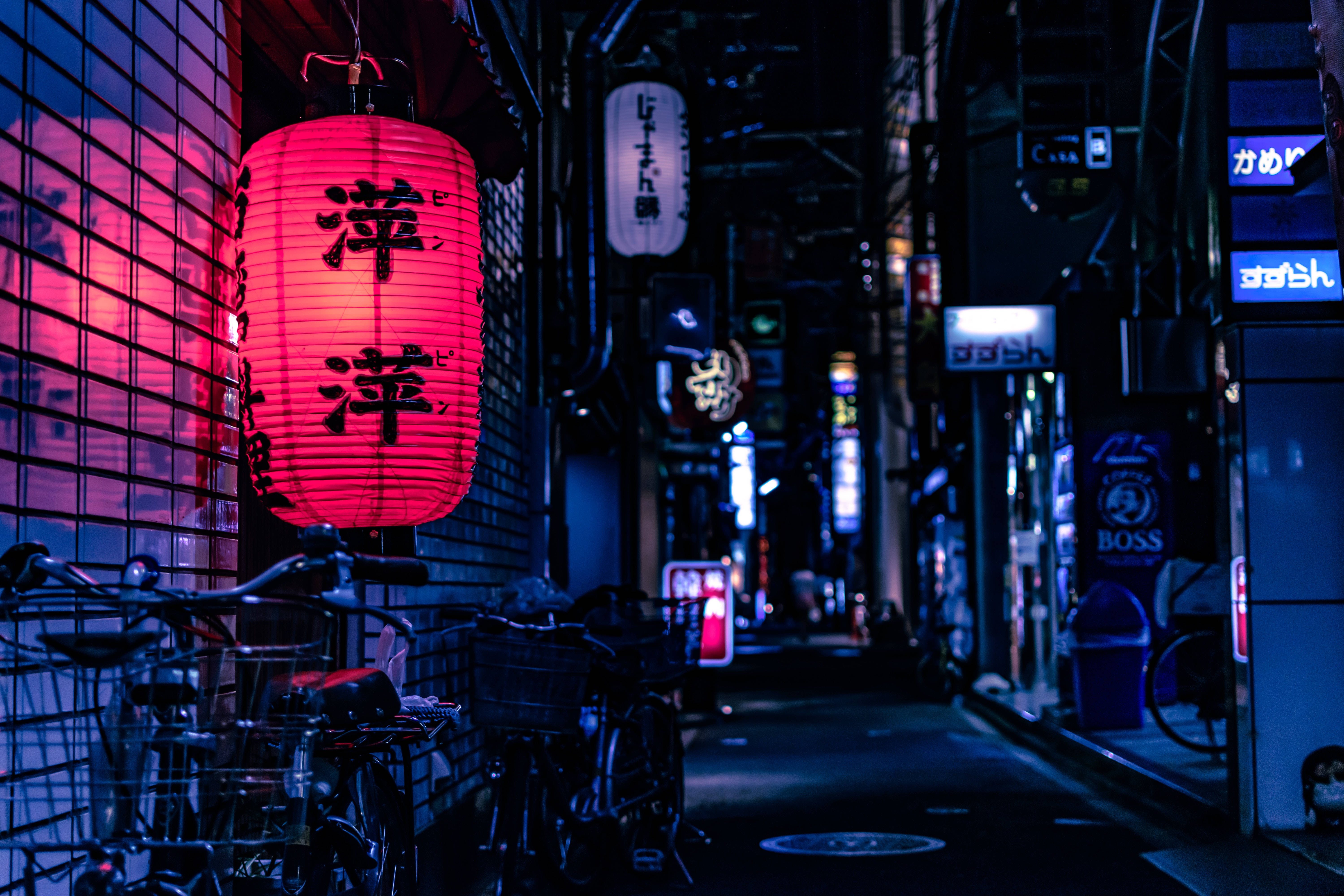 Japanese Hd Dark Alley Neon Red Lantern Background