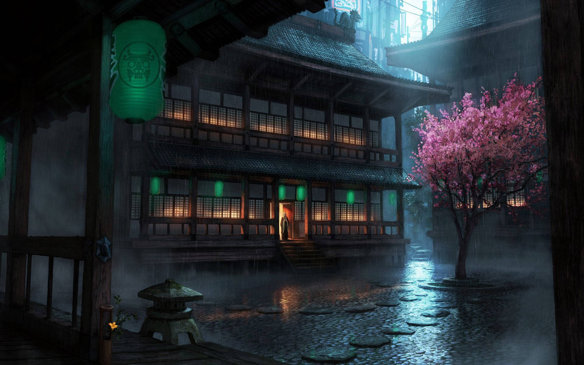 Japanese House Night Time Art Background