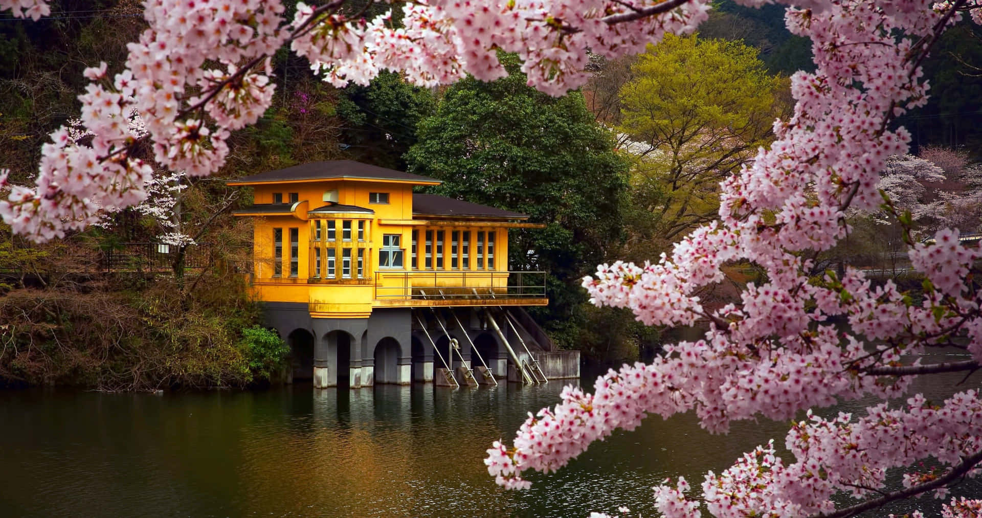 Japanese Lake Side House Desktop Background