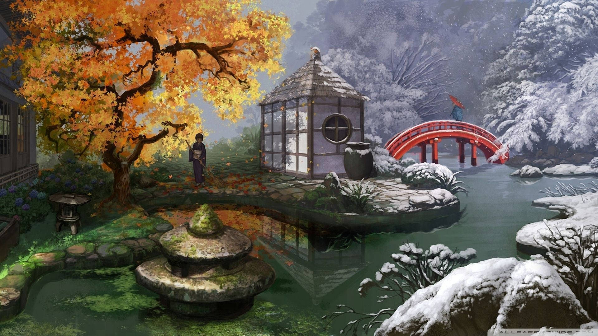 Japanese Nature Garden Painting Background