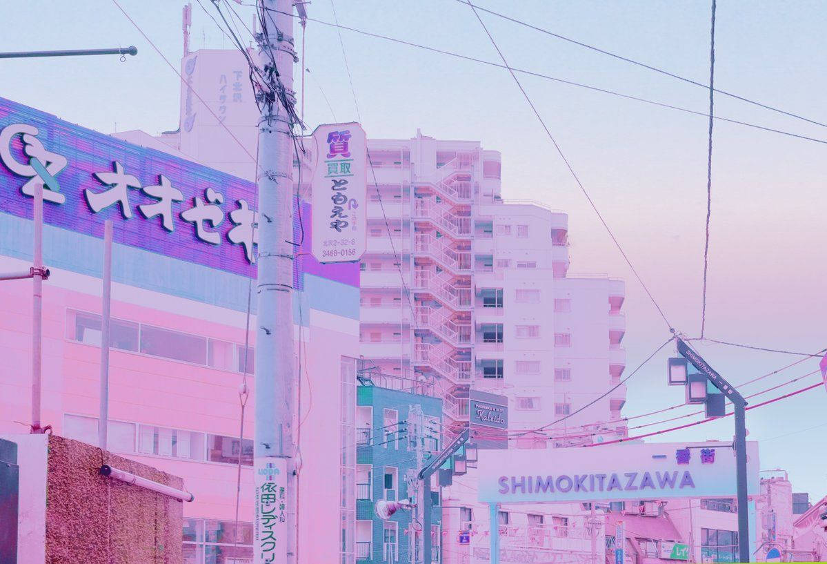 Japanese Pink And Blue City Background