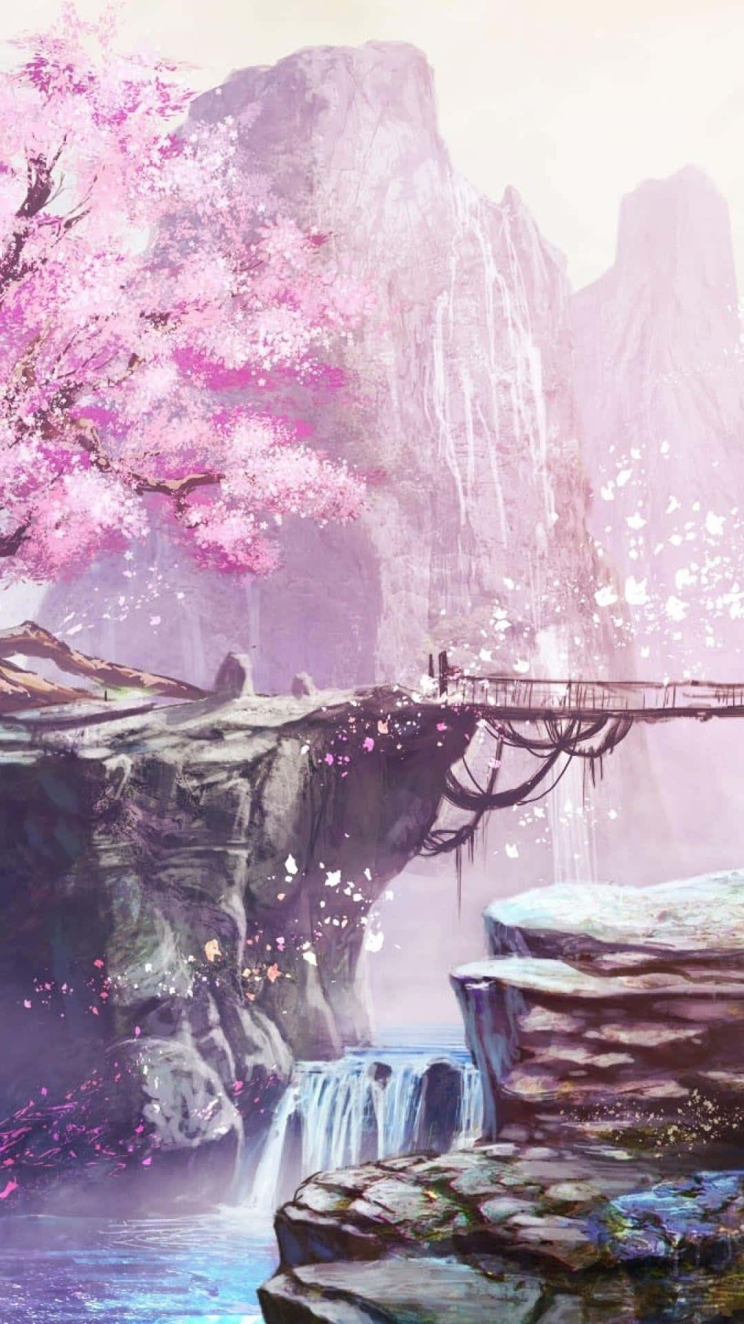 Japanese Pink Painting Bridge Waterfall Background