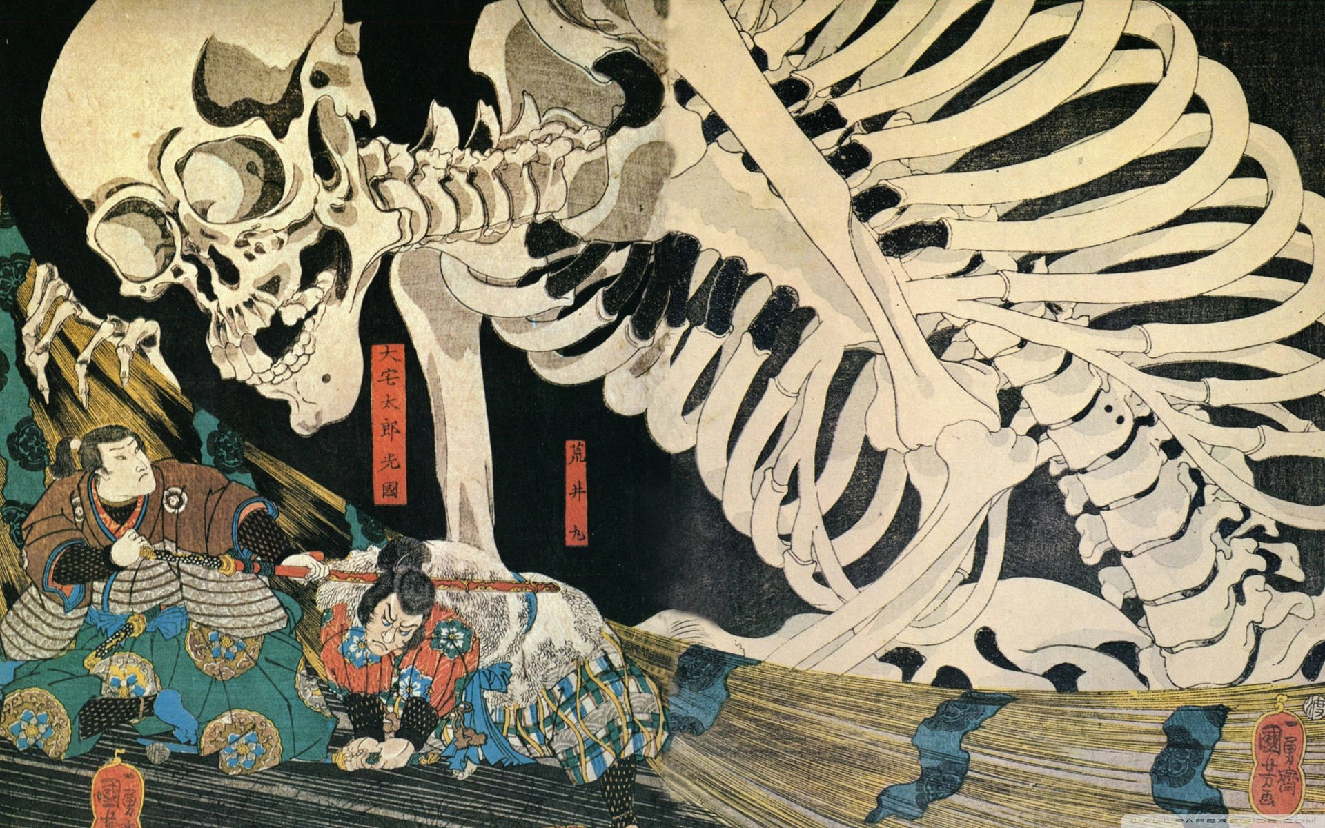 Japanese Samurai Against Skeleton Background