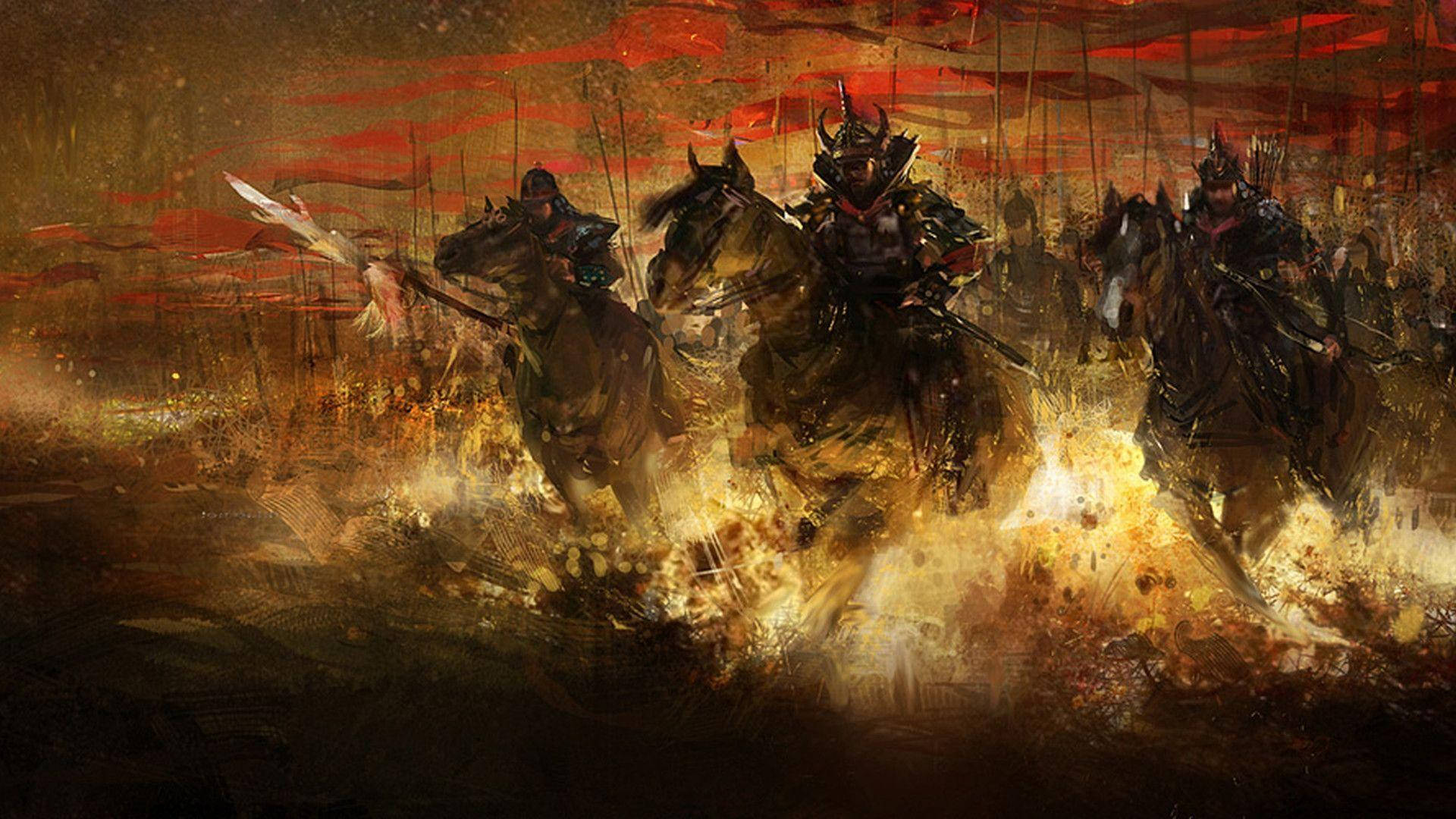 Japanese Samurai Flames And Horses Background