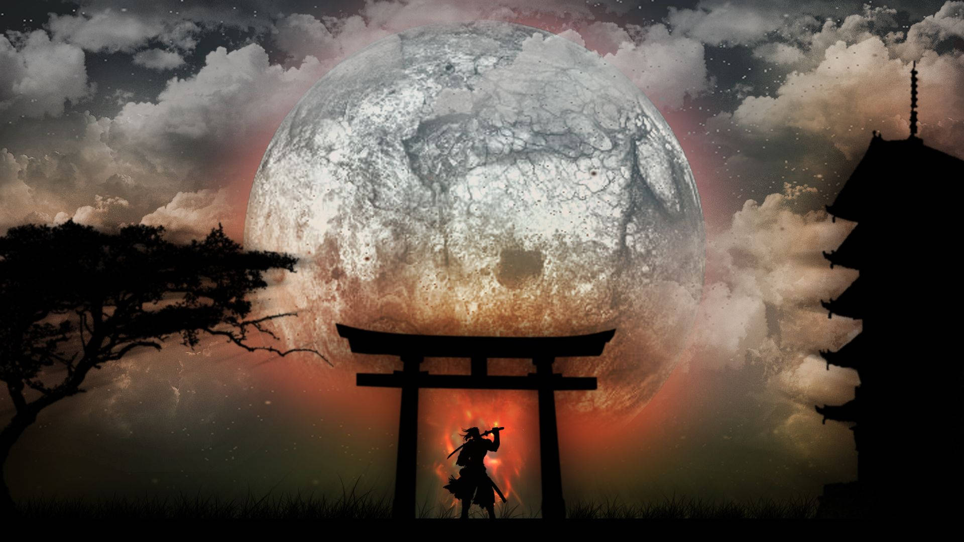 Japanese Samurai Moon Torii Background