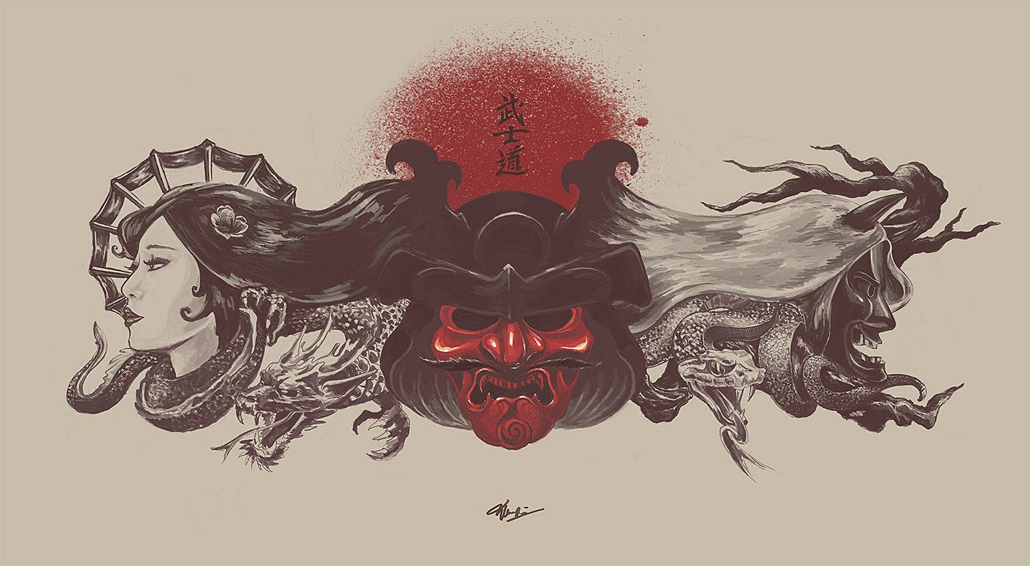 Japanese Samurai Woman And Demon Background