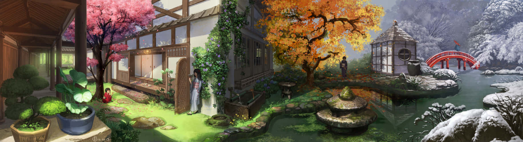 Japanese Sceneries In Corresponding Four Seasons Background