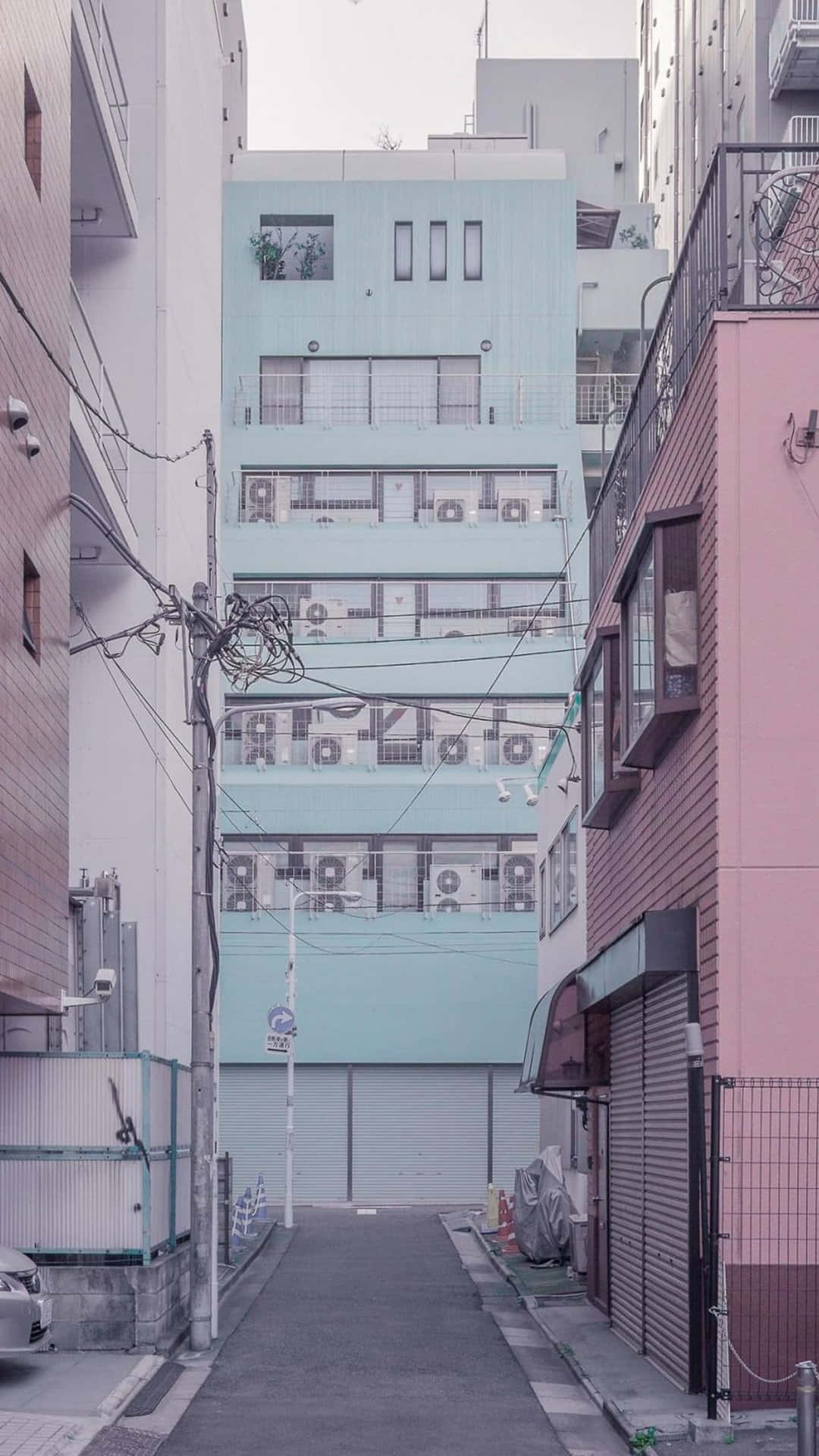 Japanese Street Pink Building Car Park Background