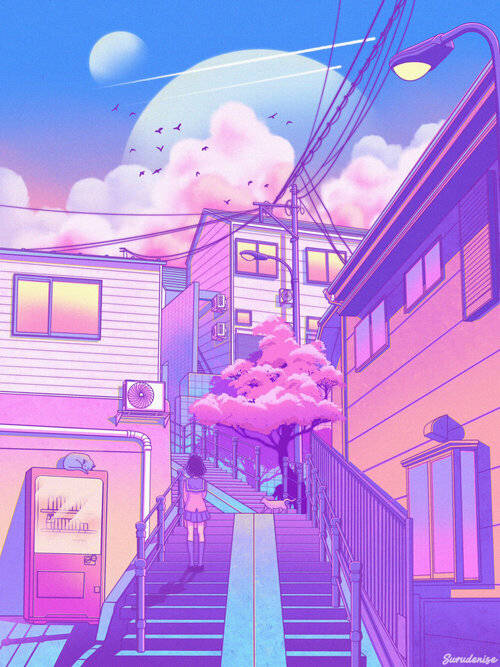 Japanese Street Staircase Digital Art Background