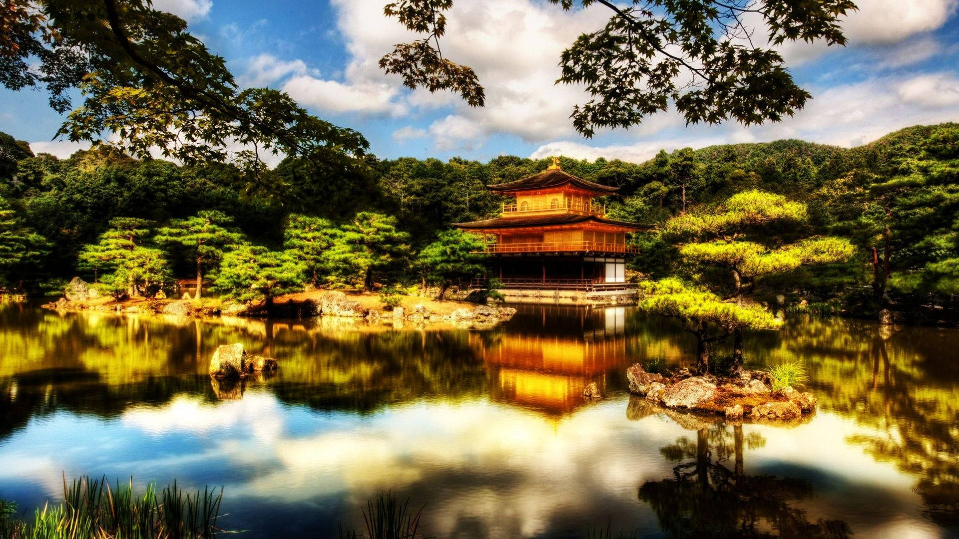 Japanese Temple On Pond Background