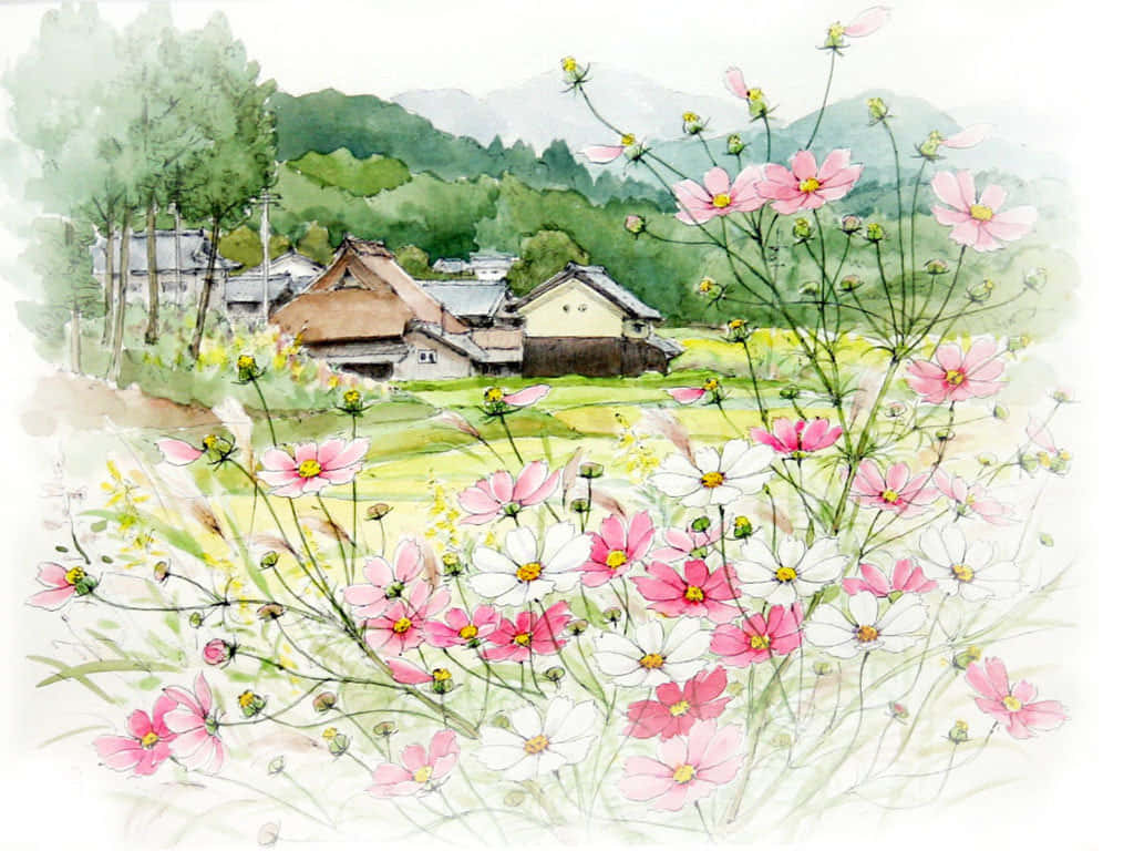 Japanese Town Drawing Desktop Background