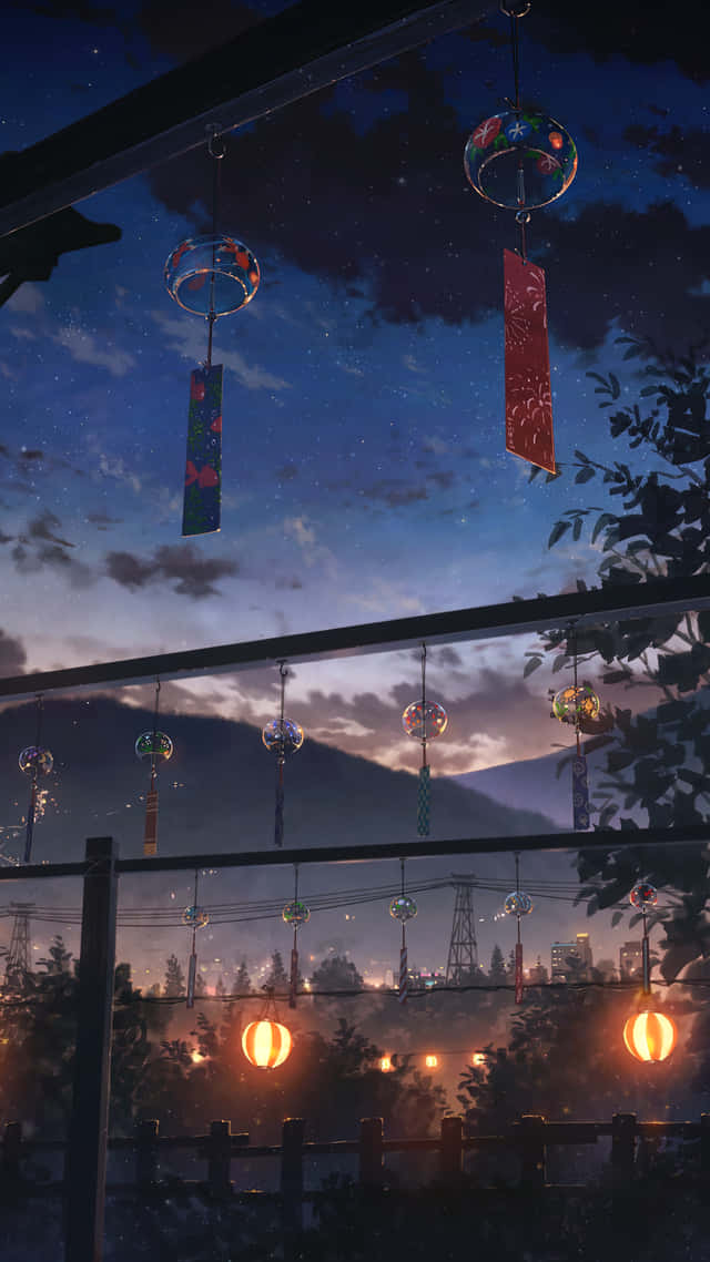 Japanese Wind Bells Night Anime Scenery Background