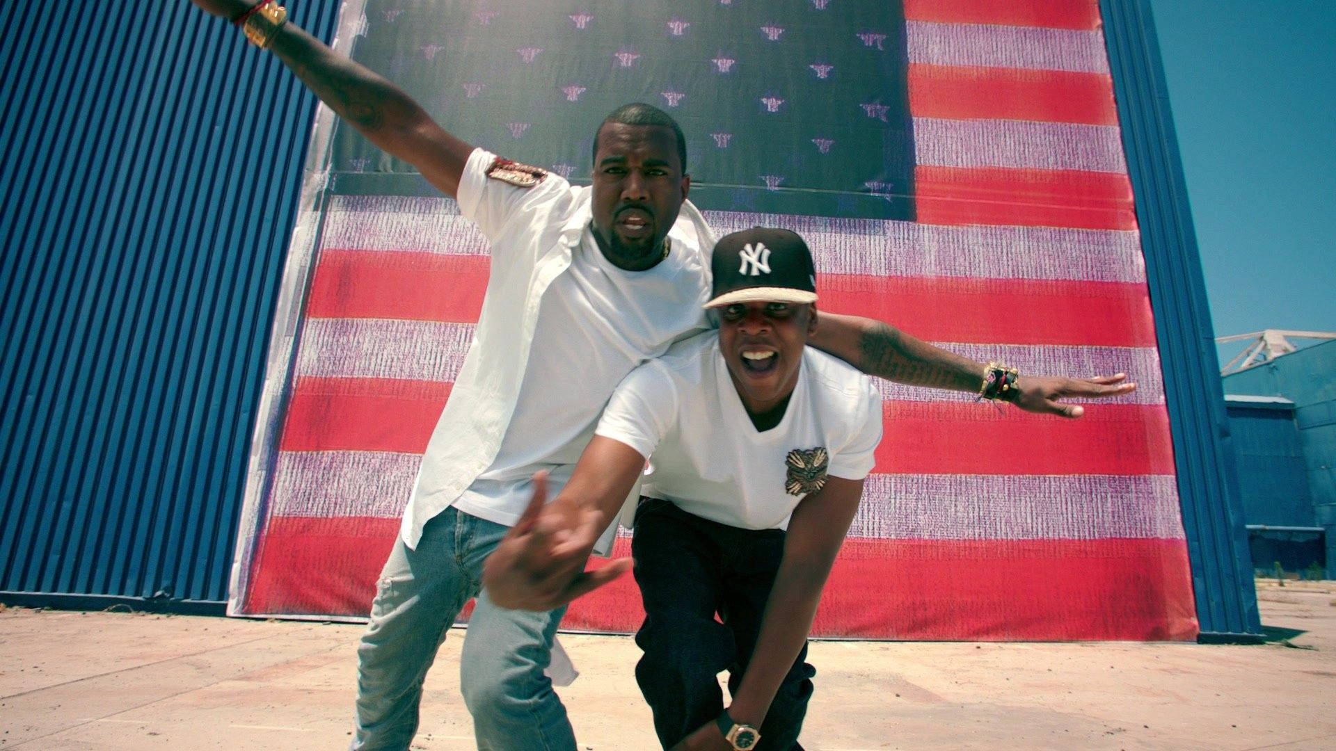 Jay-z And Kanye West With American Flag Background