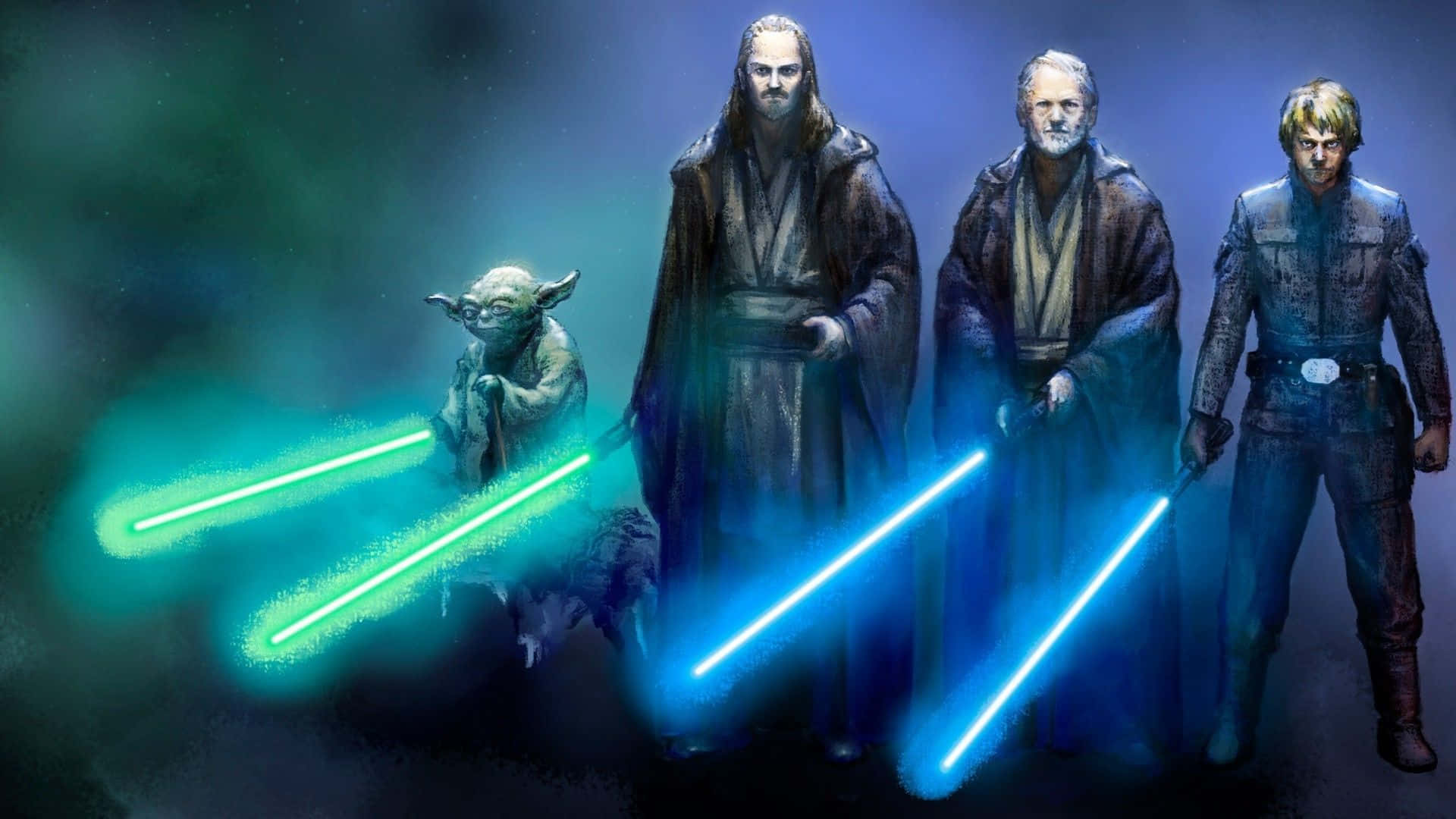 Jedi Knights Train Amongst A Distant Star Field Background