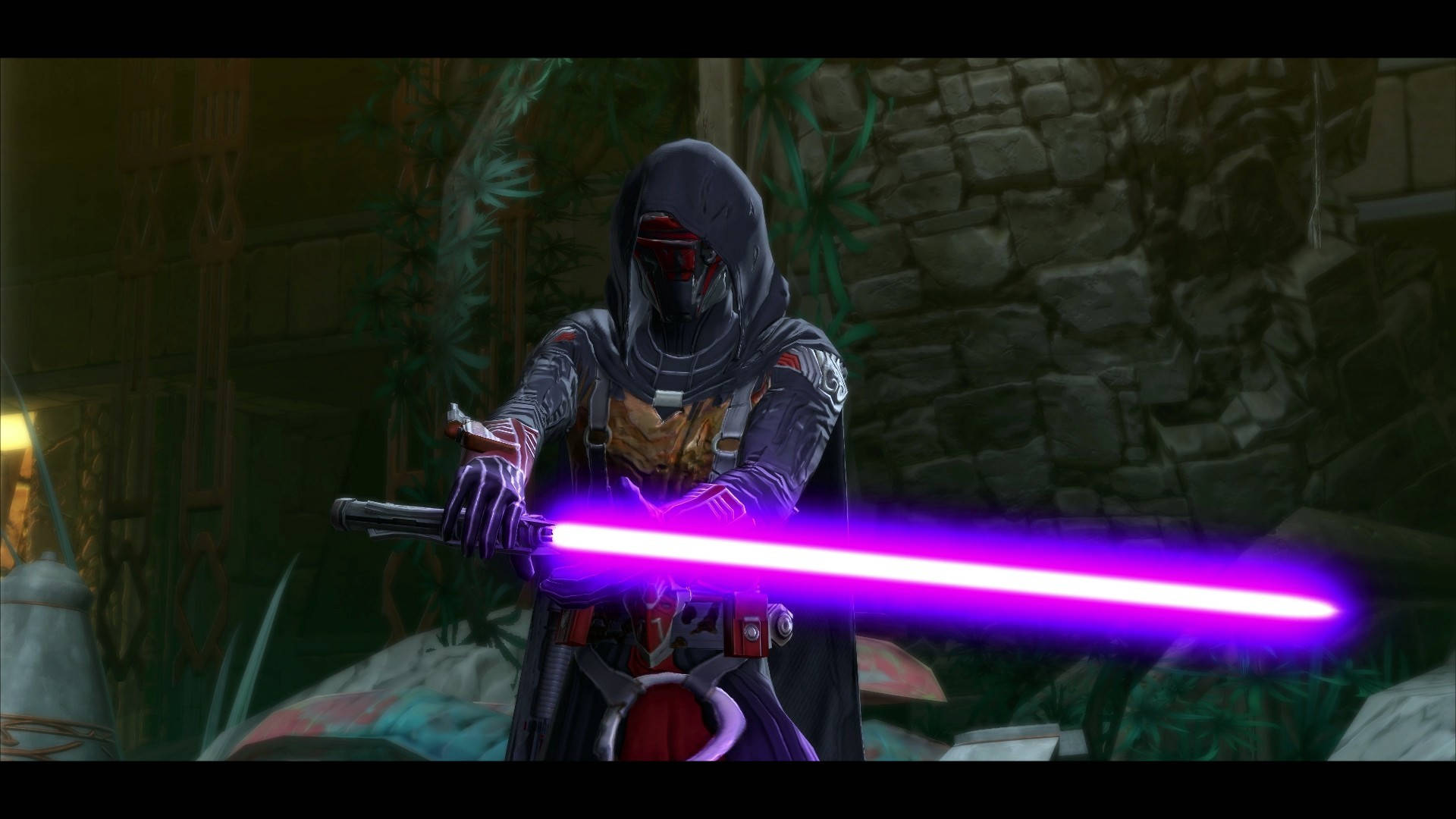 Jedi Master Darth Revan Brandishing His Signature Dual-bladed Red Lightsaber Background
