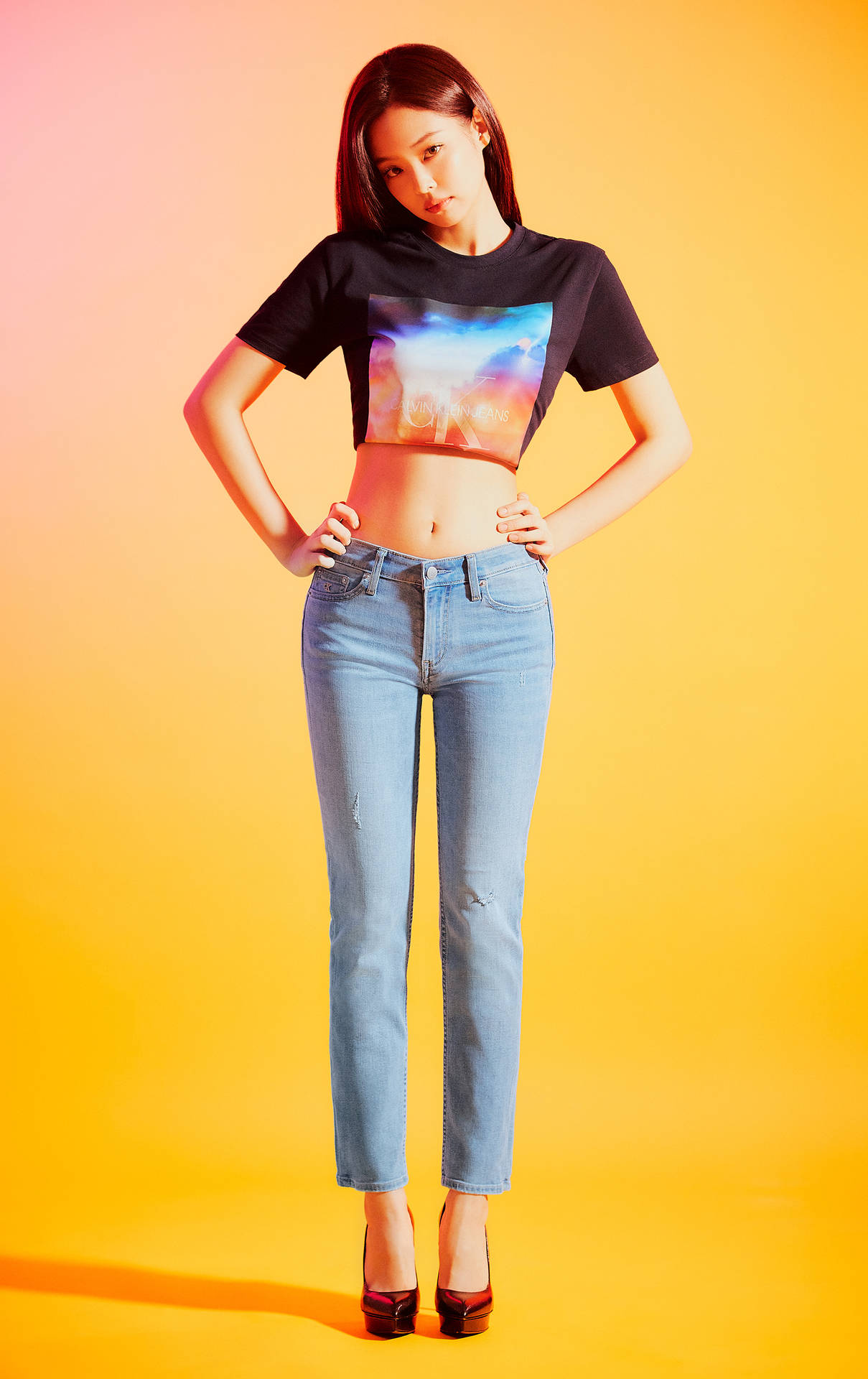 Jennie Kim Crop-top Shirt Denim Jeans Background