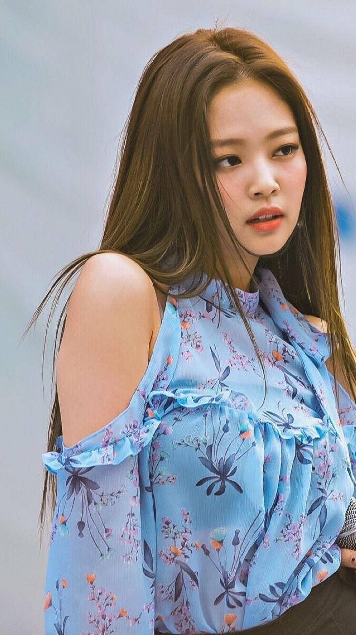 Jennie Kim In Blue Off-shoulder Top Background